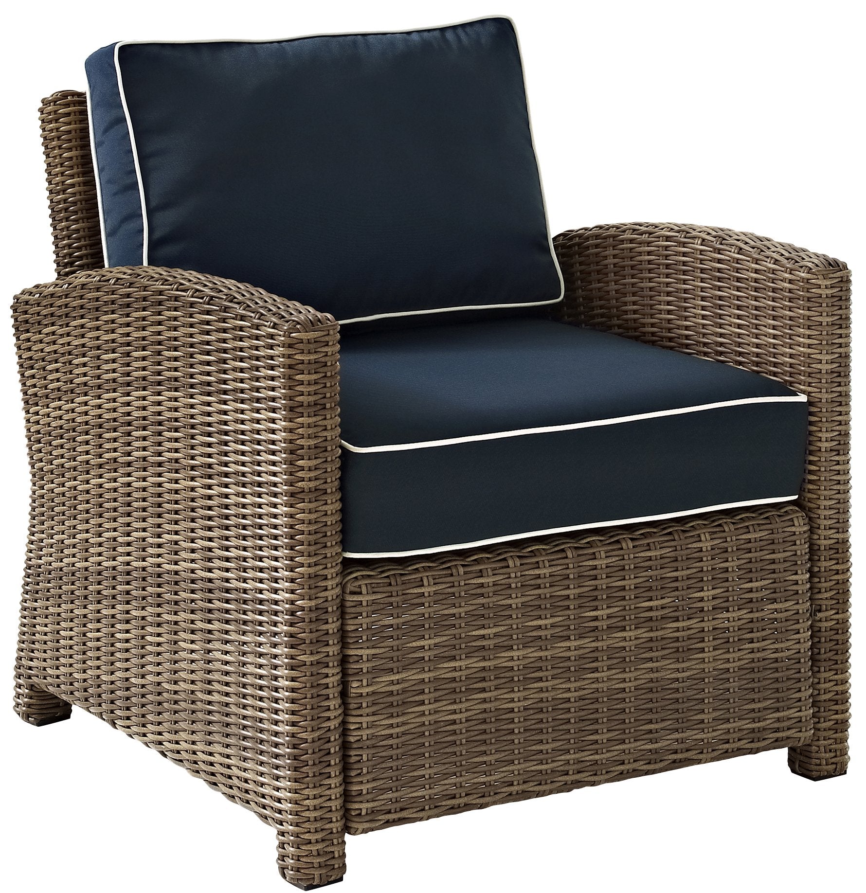 Chair | CasaFoyers Bradenton Collection | All-Weather Wicker Arm Chair with Navy Cushions | Stylish, Durable, UV Resistant | Outdoor Comfort & Elegance | casafoyer.myshopify.com