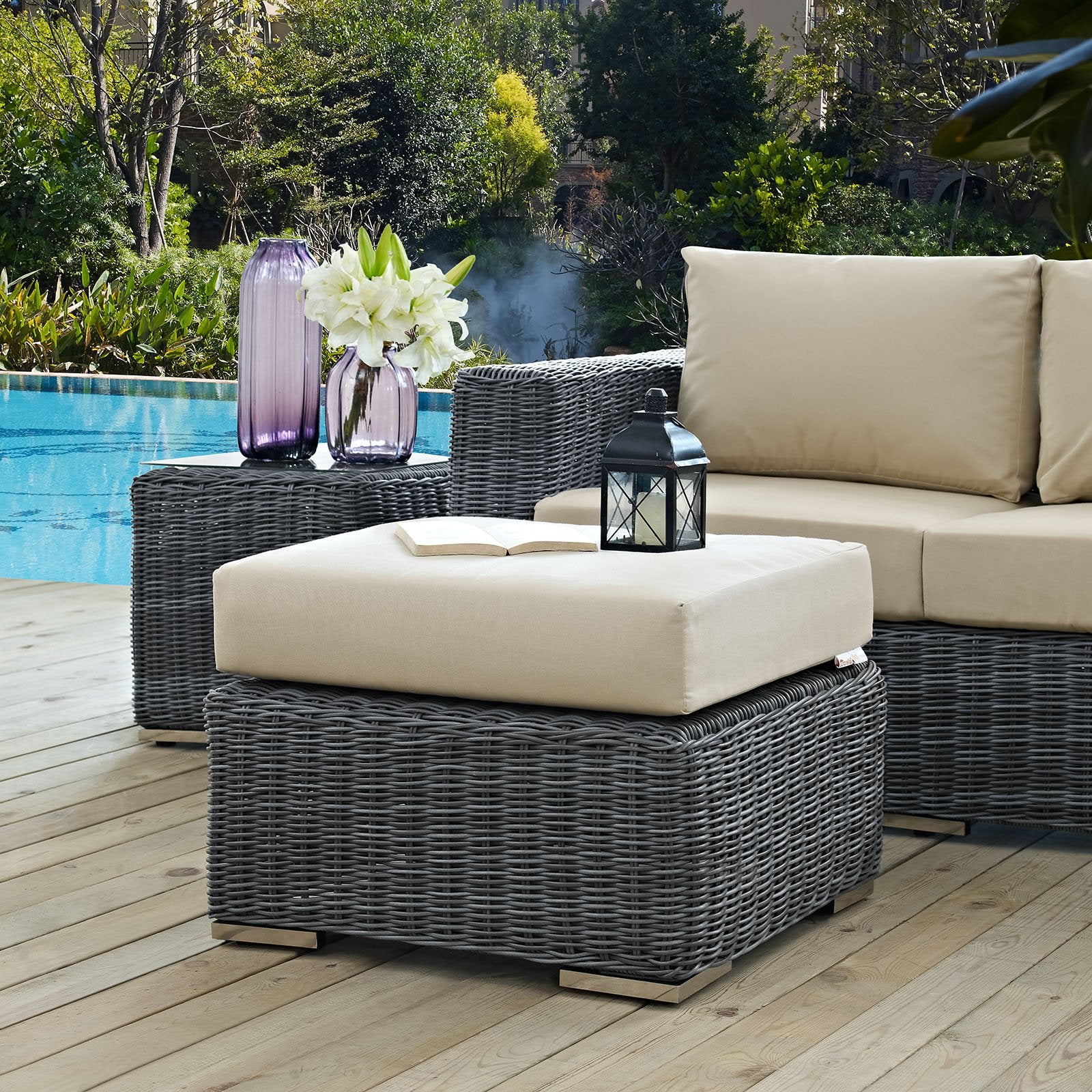 Ottoman | Summon Outdoor Patio Ottoman | Two-Tone Rattan | Sunbrella Cushions | UV Protection | Aluminum Frame | Ultimate Comfort & Quality | casafoyer.myshopify.com