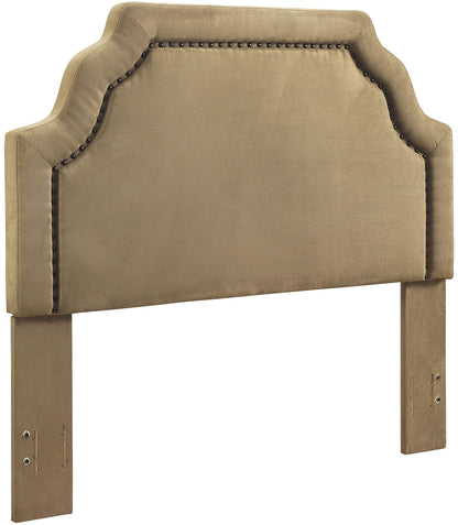 Bed | Loren Bedset | Keystone Silhouette Headboard | Antique Brass Trim | Camel Microfiber Upholstery | Easy Assembly | Enhance Style & Coziness | casafoyer.myshopify.com