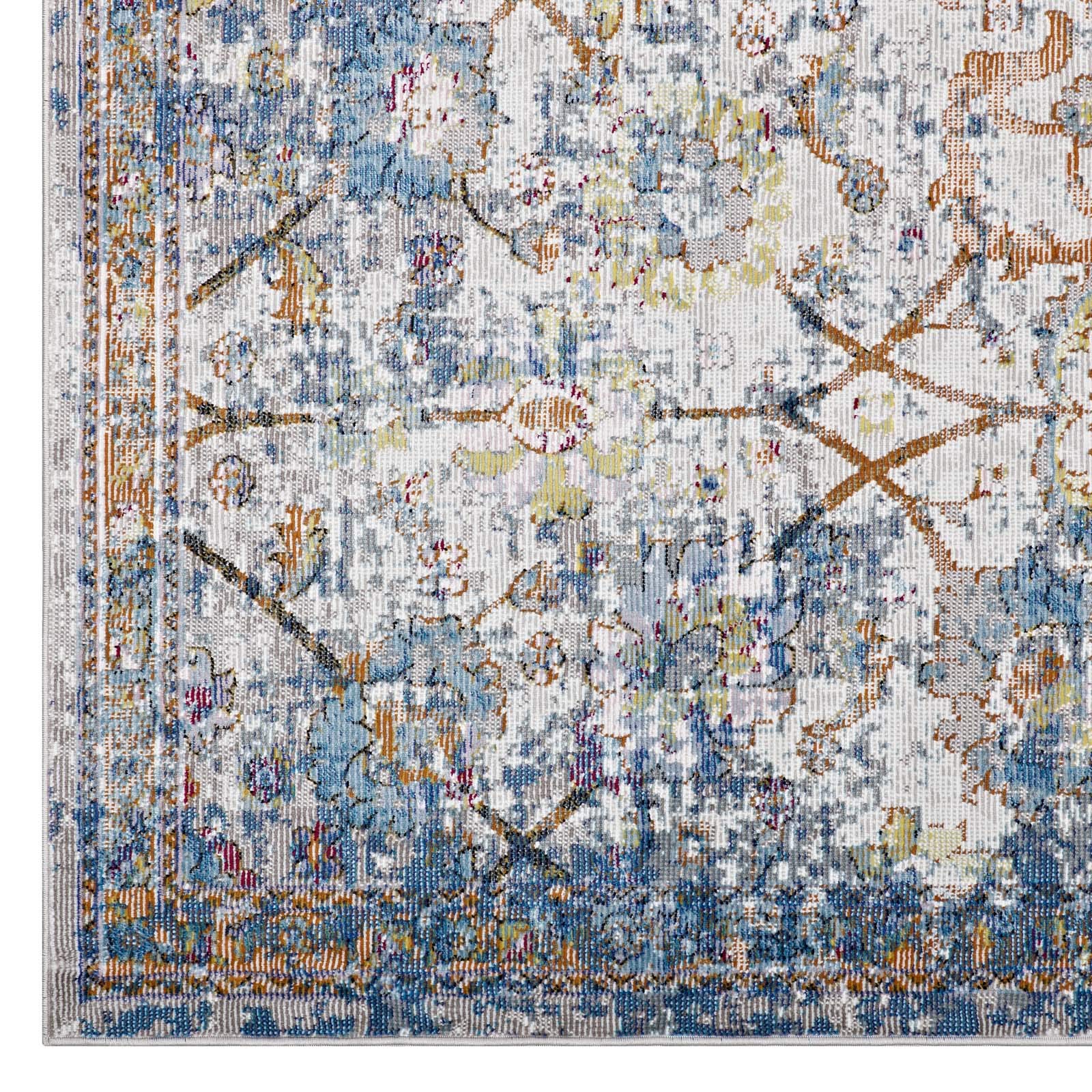 Carpet & Rugs | CasaFoyer Minu Distressed Floral Lattice Area Rug | Durable Polypropylene | Rubber Backing | Non-Shedding | Stain-Resistant | 8x10 | Light Blue, Yellow, Orange | casafoyer.myshopify.com