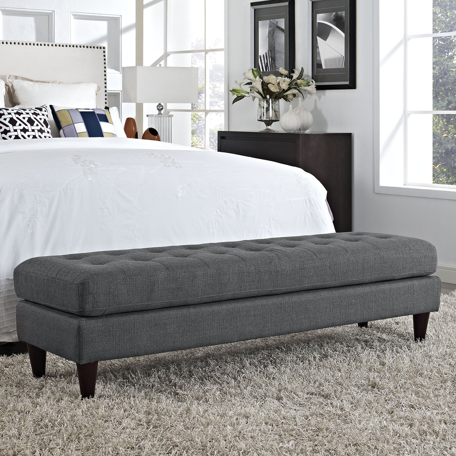ottomans | CasaFoyer Empress Tufted Button Bench | Elegant Design | Luxurious Cushions | Solid Wood Legs | Gray Upholstery | Protects Floors | Adds Opulence | casafoyer.myshopify.com