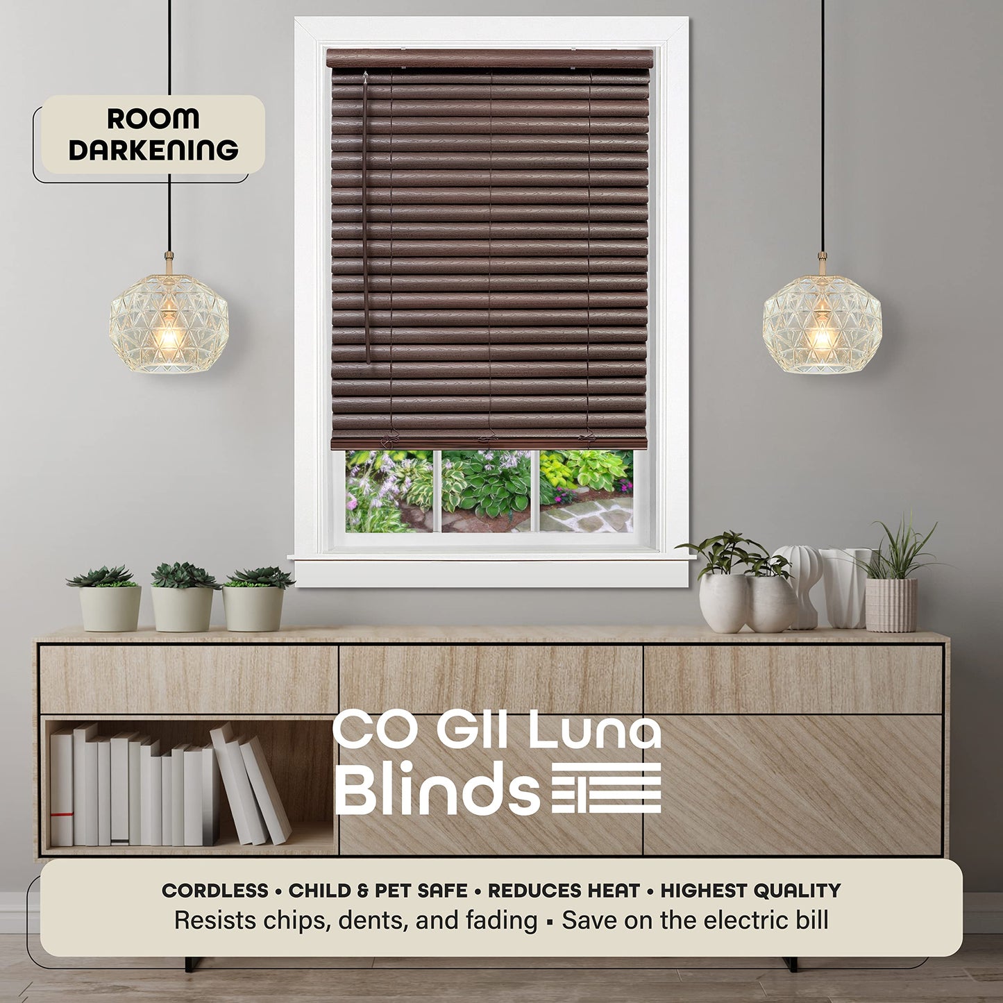 window treatment horizontal blinds | CasaFoyer Cordless GII Luna 2 Vinyl Plantation Blind | Wood Grain Texture | Cordless Lift | Child & Pet Safe | 39x64 Mahogany | casafoyer.myshopify.com