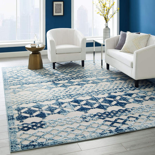 Carpet & Rugs | CasaFoyer Giada Distressed Vintage Abstract Diamond Moroccan Trellis Indoor/Outdoor Area Rug | 8x10 | Ivory/Blue | casafoyer.myshopify.com