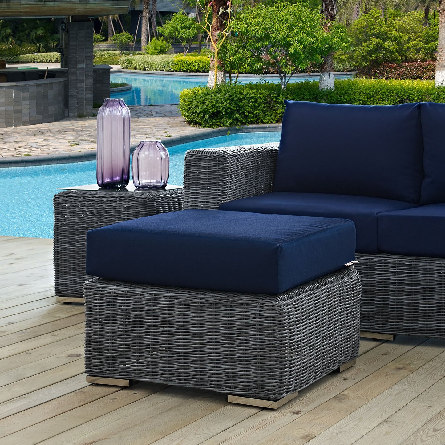ottomans | CasaFoyer Summon Outdoor Patio Ottoman | Ultimate Comfort & Quality | Two-Tone Rattan Weave | Sunbrella Cushions | Powder-Coated Aluminum Frame | Sleek & Modern Design | Perfect for Patio, Backyard, Poolside | Includes 1 Ottoman | casafoyer.myshopify.com