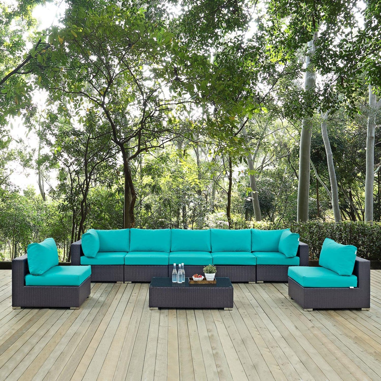 kitchen and dining room sets | CasaFoyer Convene Outdoor Sectional Set | Durable Rattan Weave | Weather-Resistant Cushions | 5 Piece Patio Sofa Set with Coffee Table | Espresso Turquoise | casafoyer.myshopify.com