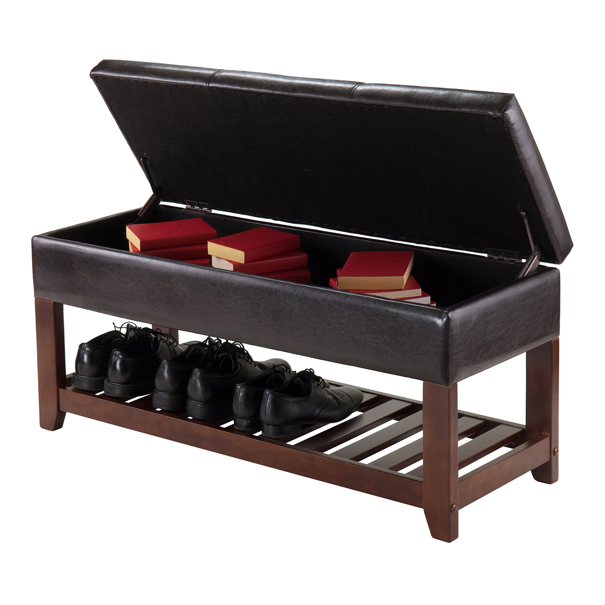 BENCH | Ergode Monza Storage Bench | Padded Seat | Ample Storage | PU Faux Leather | Shoe Shelf | Walnut Finish | 42.52W x 15.75D x 20.47H | casafoyer.myshopify.com