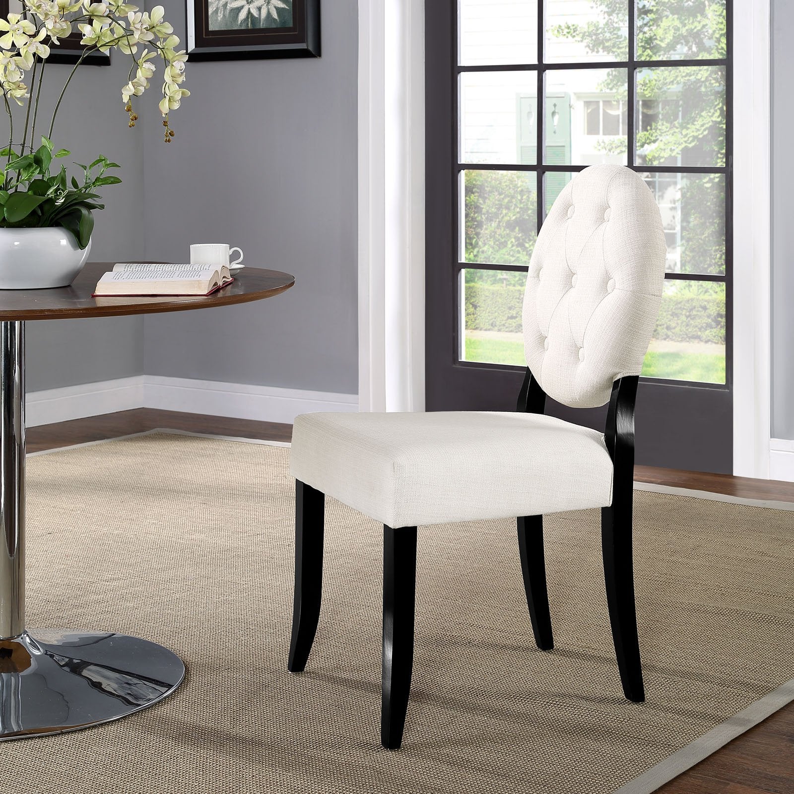 home office desk chairs | CasaFoyer Button Dining Side Chair | Whimsical Transparent Design | Beige Polyester Upholstery | Padded Seat | Sturdy Black Hardwood Legs | Joyful and Stylish Addition to Any Space | casafoyer.myshopify.com