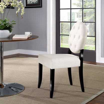 home office desk chairs | CasaFoyer Button Dining Side Chair | Whimsical Transparent Design | Beige Polyester Upholstery | Padded Seat | Sturdy Black Hardwood Legs | Joyful and Stylish Addition to Any Space | casafoyer.myshopify.com