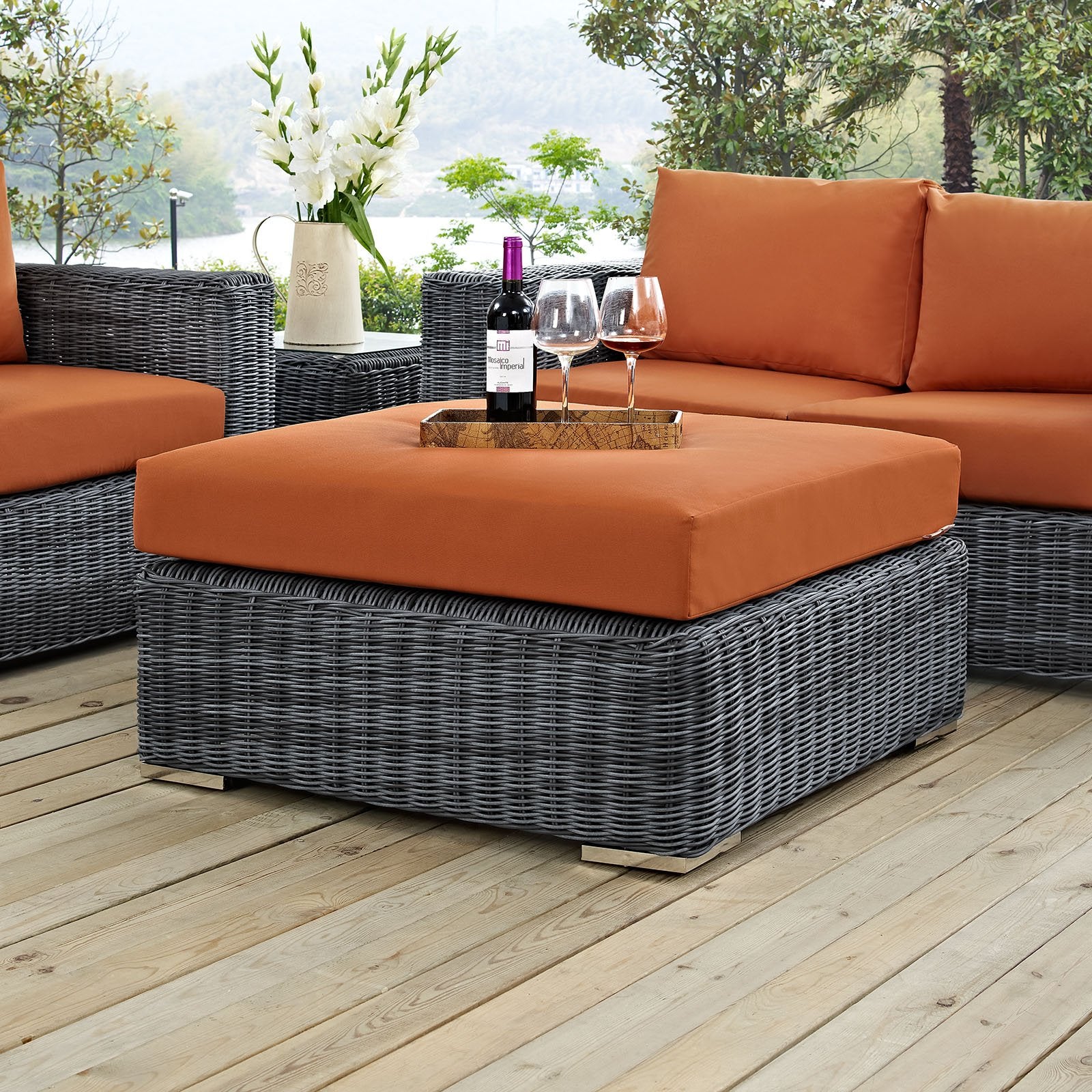 ottomans | CasaFoyer Summon Outdoor Patio Square Ottoman | Two-Tone Rattan Weave | Sunbrella Cushions | Powder-Coated Aluminum Frame | casafoyer.myshopify.com