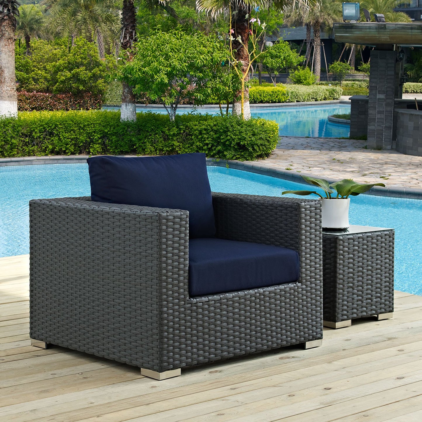 Patio Furniture Sets | Sojourn Outdoor Patio Arm Chair | Sunbrella Fabric | Synthetic Rattan | UV Protection | Aluminum Frame | casafoyer.myshopify.com
