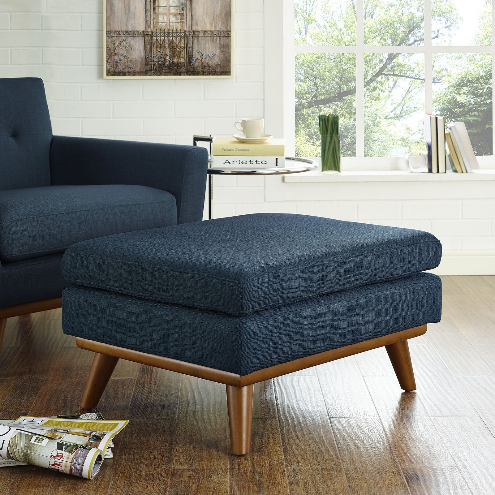 Ottoman | Engage Ottoman | Curved Lines | Luxurious Cushioning | Ultimate Relaxation | Robust Rubberwood Frame | Upholstered Fabric | Azure | casafoyer.myshopify.com