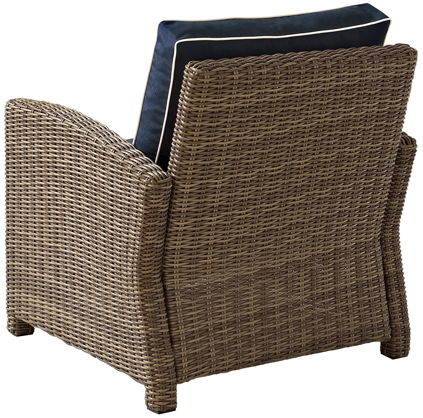 Chair | CasaFoyers Bradenton Collection | All-Weather Wicker Arm Chair with Navy Cushions | Stylish, Durable, UV Resistant | Outdoor Comfort & Elegance | casafoyer.myshopify.com