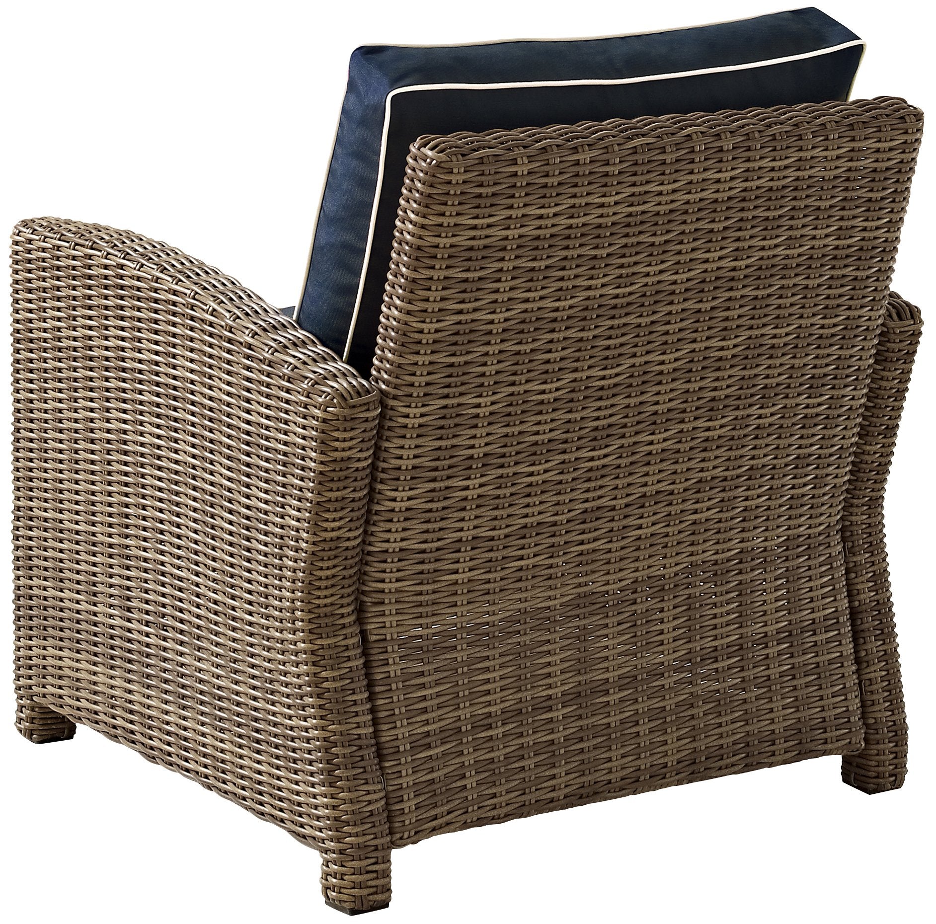 Chair | CasaFoyers Bradenton Collection | All-Weather Wicker Arm Chair with Navy Cushions | Stylish, Durable, UV Resistant | Outdoor Comfort & Elegance | casafoyer.myshopify.com