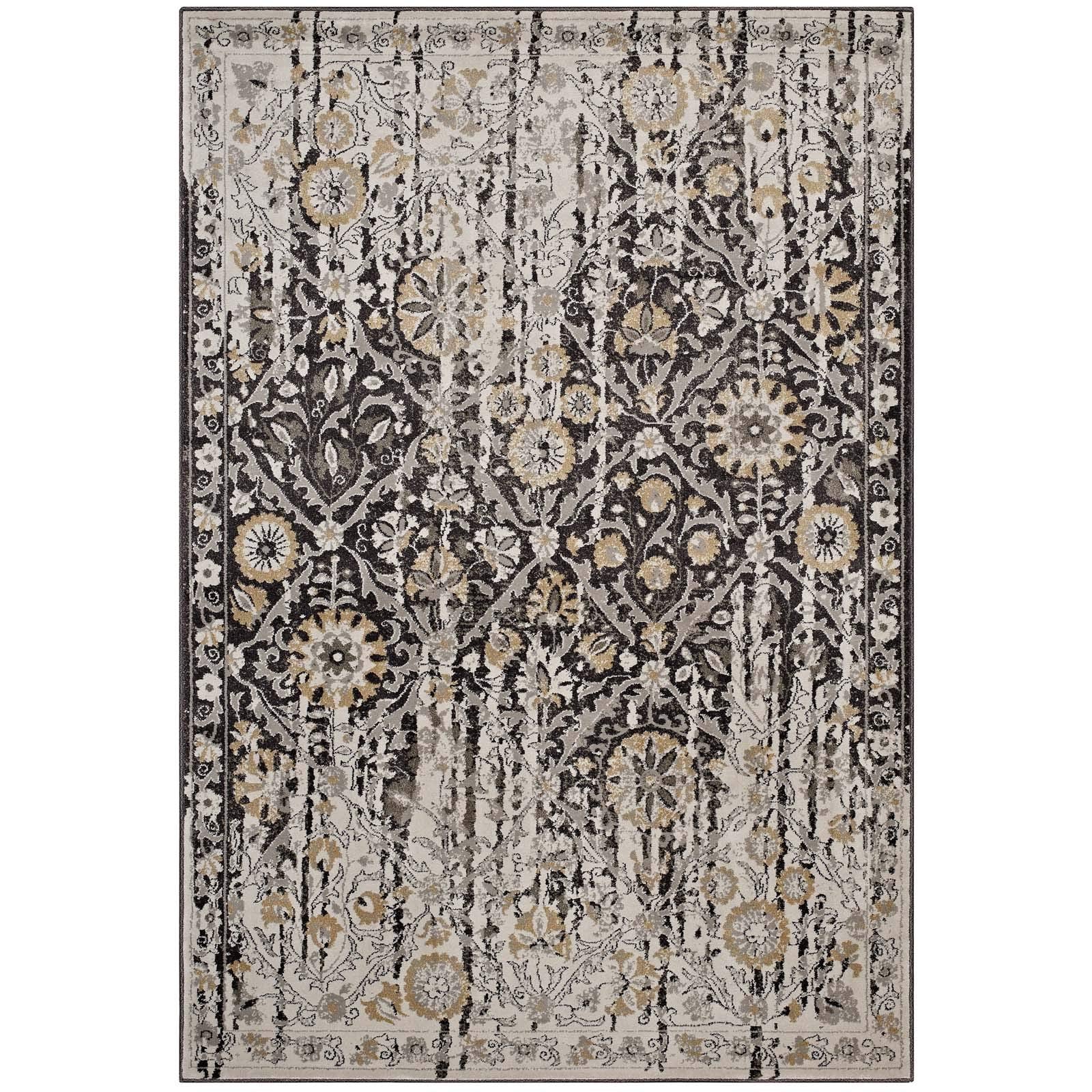 Carpet & Rugs | CasaFoyer Ganesa Distressed Diamond Floral Lattice Area Rug | Durable | Elegant Design | Stain-Resistant | 5x8 Size | Black and Beige | casafoyer.myshopify.com