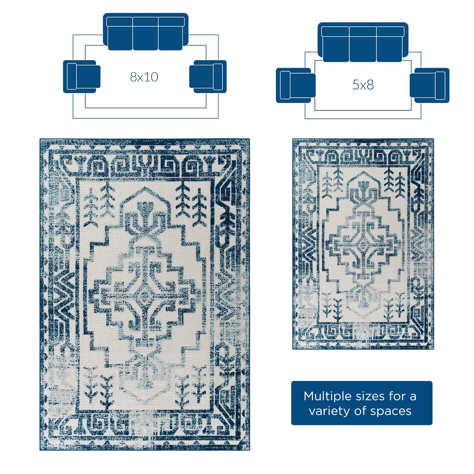Carpet & Rugs | CasaFoyer Reflect Nyssa Distressed Geometric Southwestern Aztec Indoor/Outdoor Area Rug | Durable, Stylish, Pet-Friendly | 5x8 Ivory/Blue | casafoyer.myshopify.com