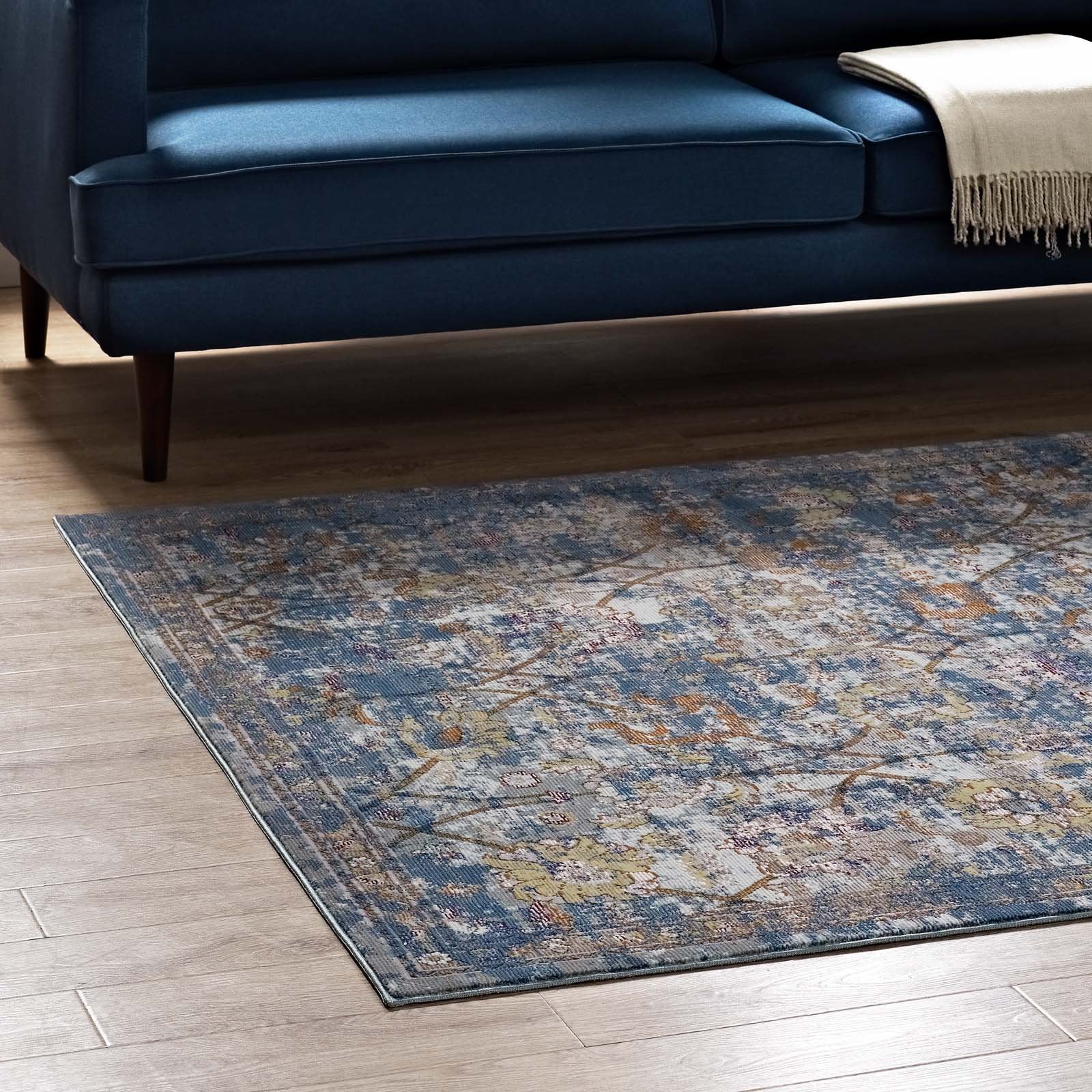 Carpet & Rugs | CasaFoyer Minu Distressed Floral Lattice Area Rug | Elegant Design | Durable Polypropylene | Non-Shedding & Stain-Resistant | Traditional & Modern Decor | 8x10 Blue Gray, Yellow, Orange | casafoyer.myshopify.com