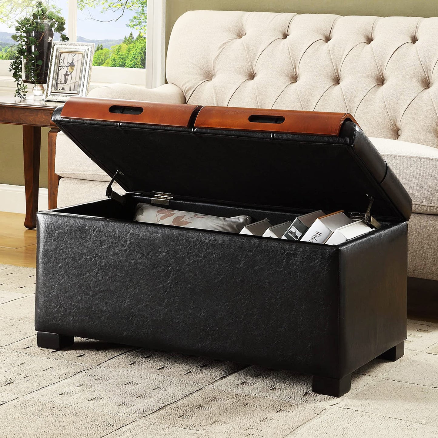 Ottoman | Designs4Comfort Storage Ottoman with Trays | Versatile & Elegant Furniture | Hinged Lid | Tufted Design | Solid Wood Feet | Bent Wood Trays | casafoyer.myshopify.com