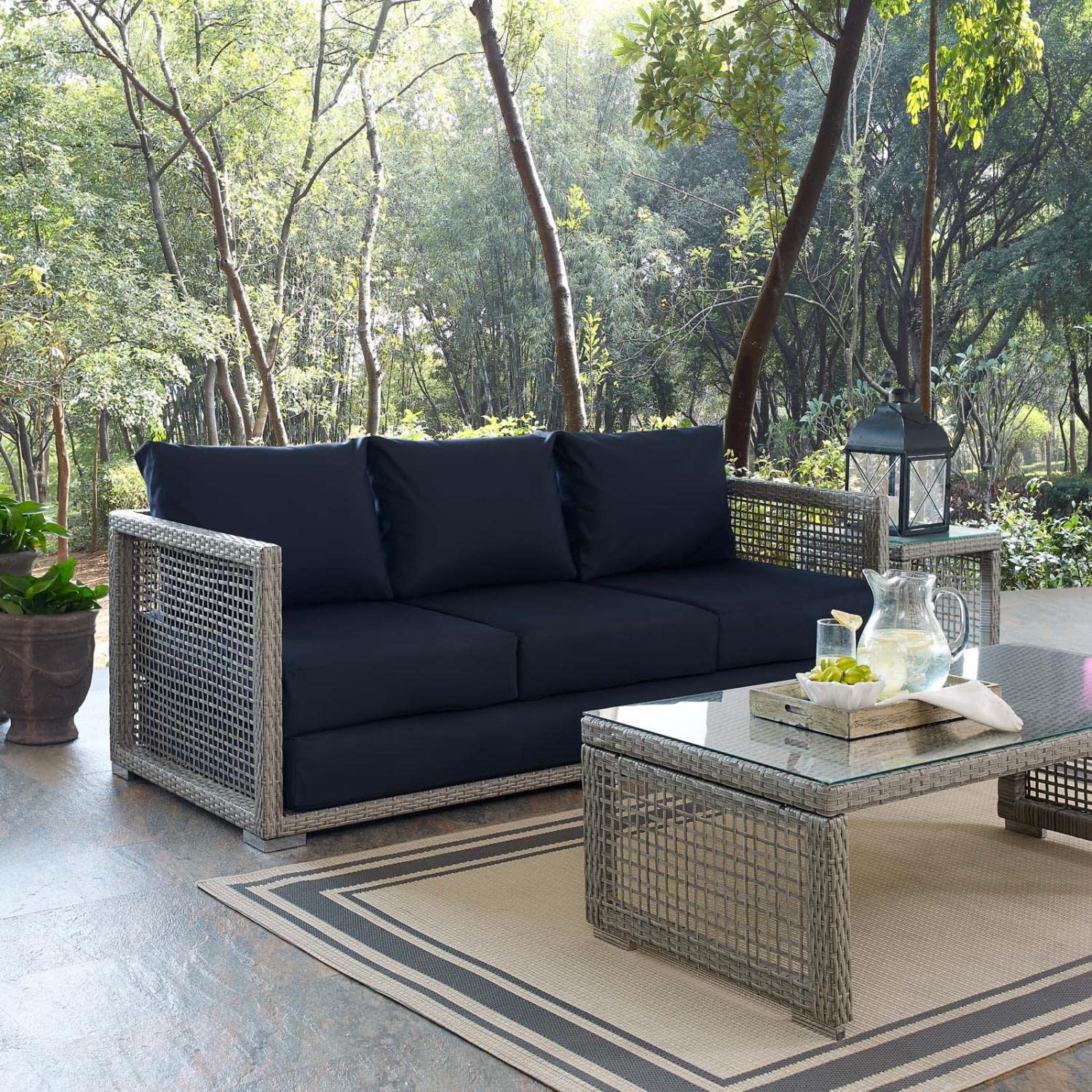 sofas | CasaFoyer Aura Outdoor Patio Sofa | Synthetic Gray-on-Gray Wicker Rattan | Aluminum Frame | All-Weather Cushions | Extra Wide & Deep Body | Fully Assembled | casafoyer.myshopify.com