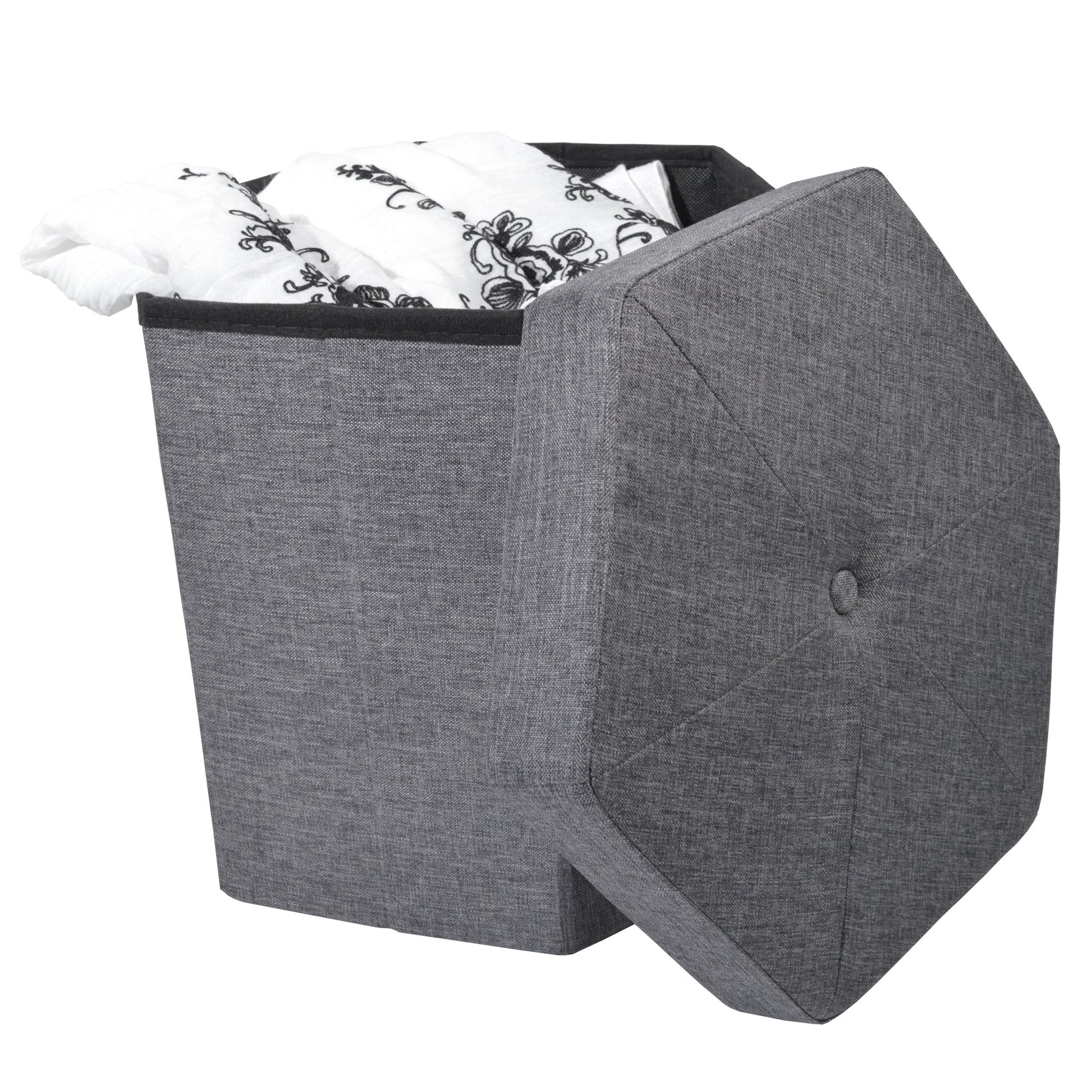 Ottoman | CasaFoyer Collapsible Hexagon Storage Ottoman - Grey Linen | Versatile & Comfortable | Ample Storage | Easy to Collapse & Store | Tufted & Stitched Top | 15x15 | 500 lbs Weight Limit | casafoyer.myshopify.com