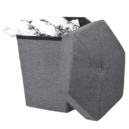 Ottoman | CasaFoyer Collapsible Hexagon Storage Ottoman - Grey Linen | Versatile & Comfortable | Ample Storage | Easy to Collapse & Store | Tufted & Stitched Top | 15x15 | 500 lbs Weight Limit | casafoyer.myshopify.com