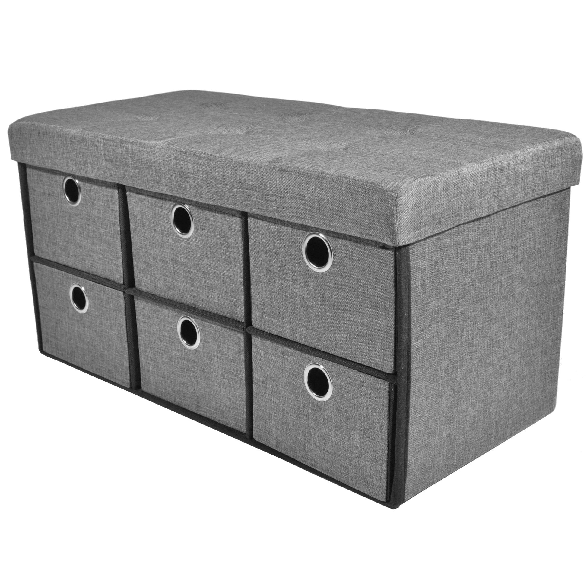ottomans | CasaFoyer 6 Drawer Collapsible Storage Ottoman - Grey Linen | Entryway Mudroom Bedroom Seat & Storage | Tufted Plush Top | 15x30x15 inches | casafoyer.myshopify.com