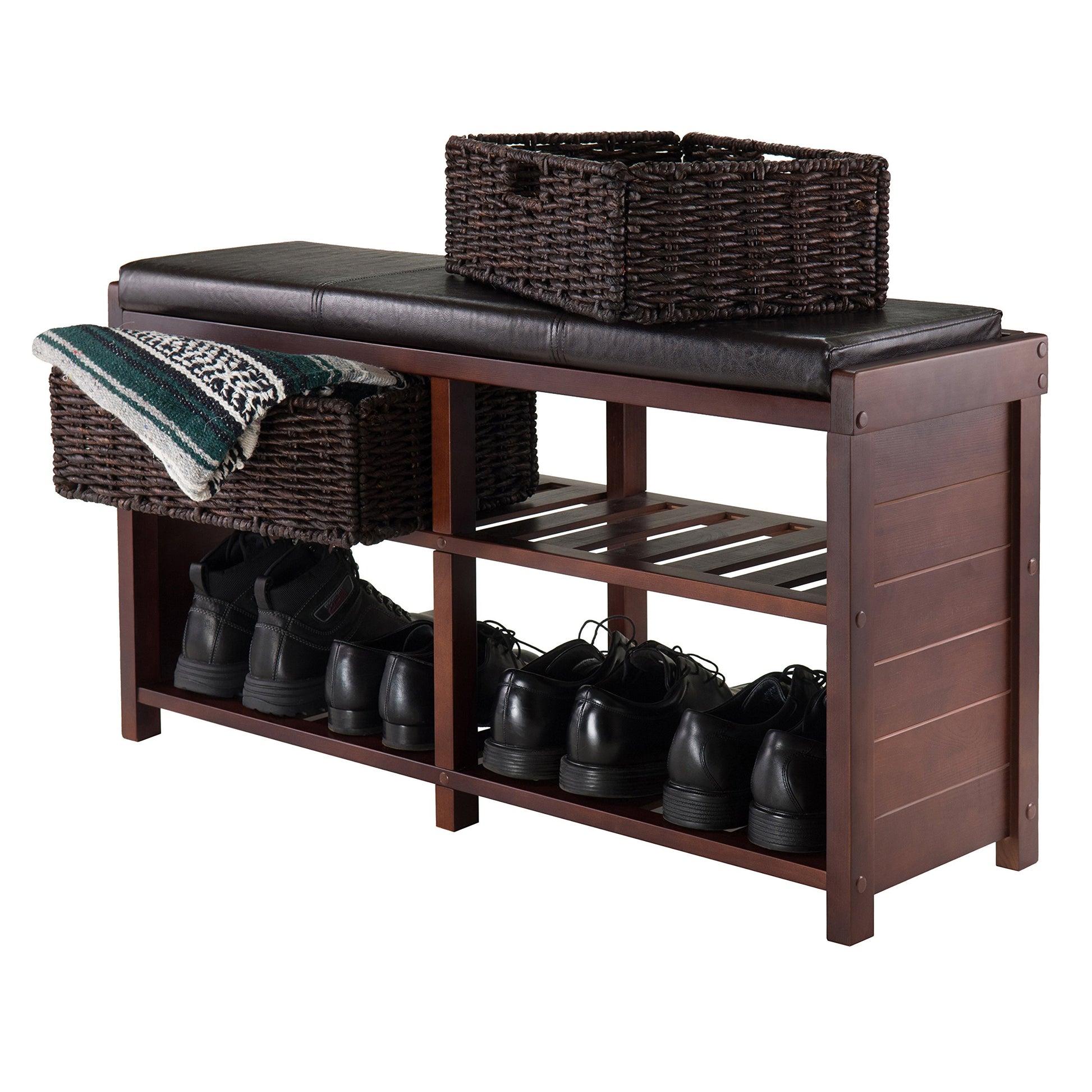 BENCH | Ergode Colin Bench | Versatile & Stylish | Dark Faux Leather Cushion | 2 Corn Husk Baskets | Slated Shelf | Ample Comfort | Chocolate Brown | Sturdy Wood | Cappuccino Finish | casafoyer.myshopify.com