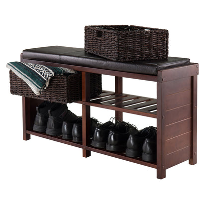 BENCH | Ergode Colin Bench | Versatile & Stylish | Dark Faux Leather Cushion | 2 Corn Husk Baskets | Slated Shelf | Ample Comfort | Chocolate Brown | Sturdy Wood | Cappuccino Finish | casafoyer.myshopify.com