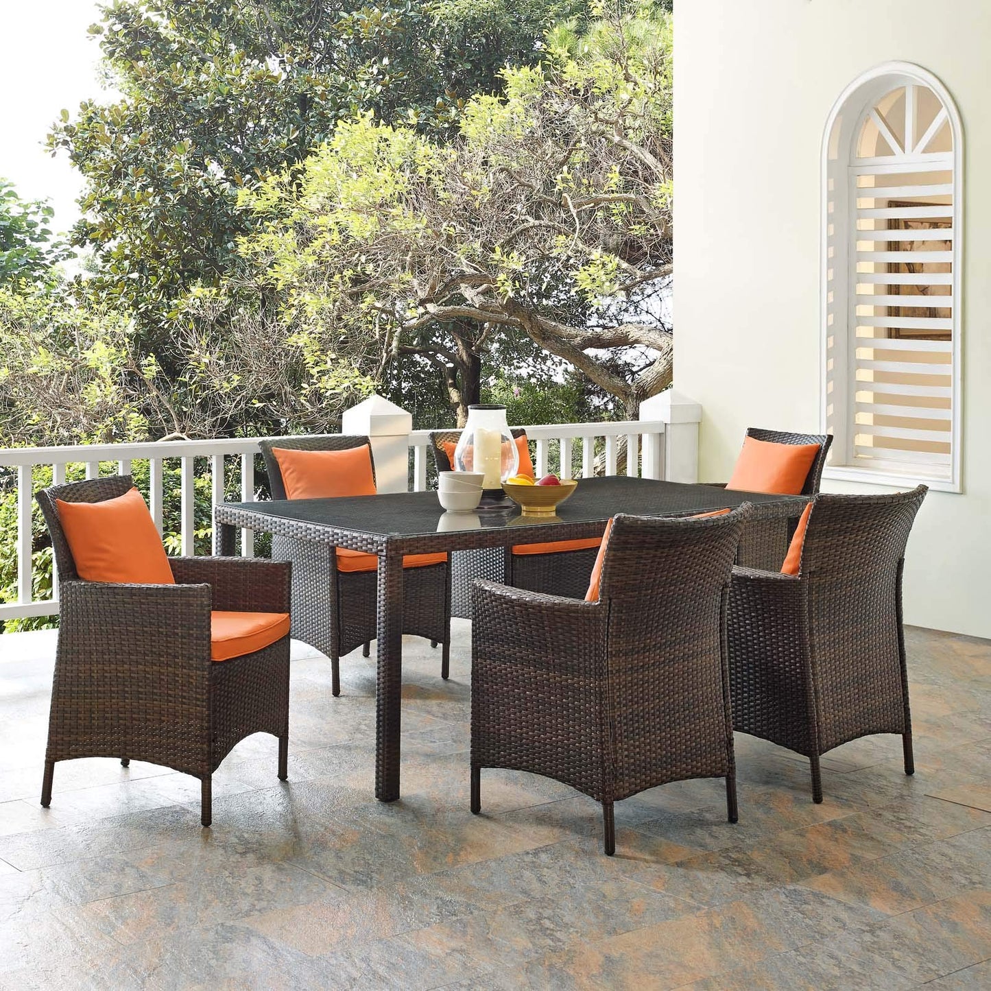 kitchen and dining room sets | CasaFoyer Conduit 7 Piece Outdoor Patio Dining Set | Transitional Style | UV-Resistant Wicker Rattan | Tempered Glass Tabletop | Brown Orange | casafoyer.myshopify.com