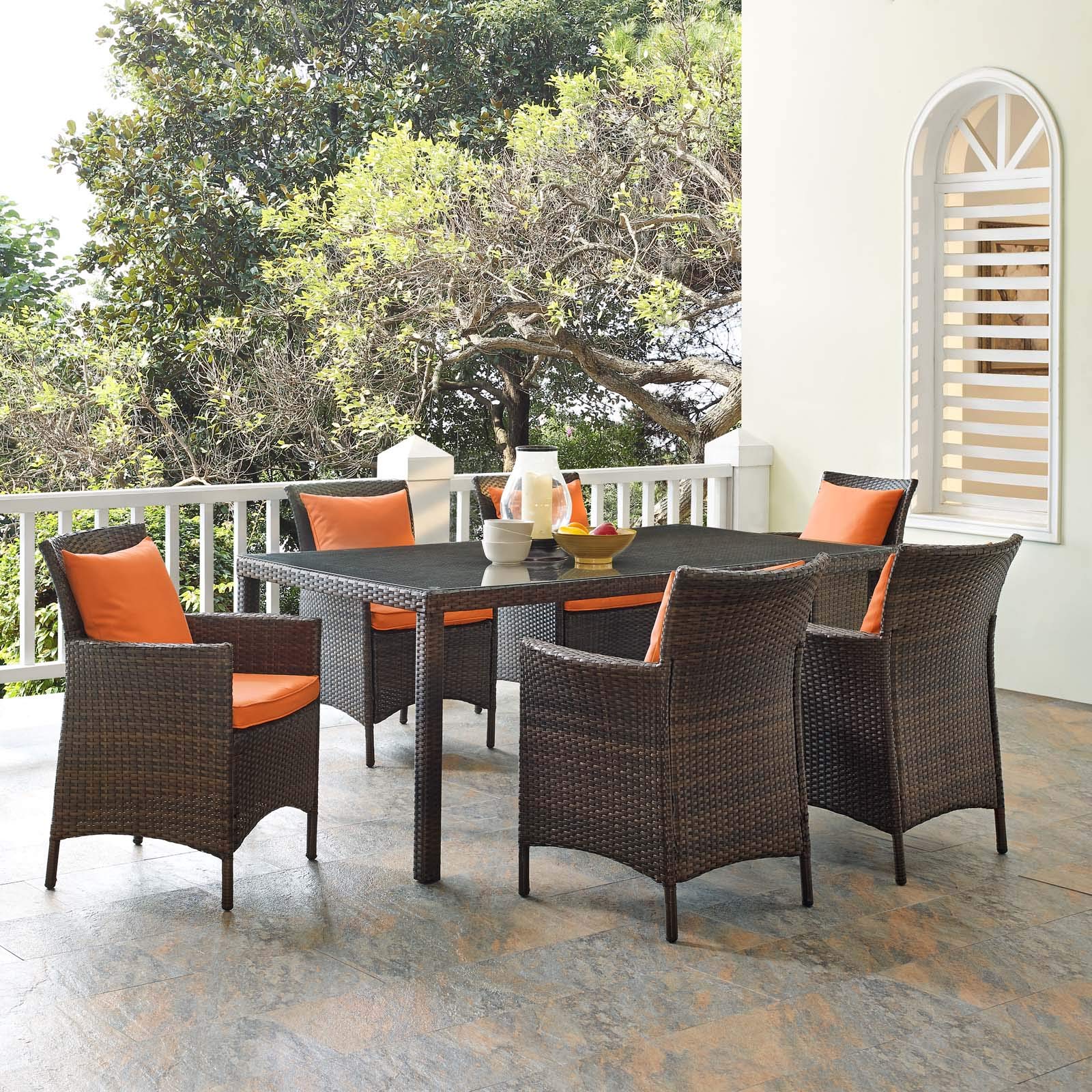 kitchen and dining room sets | CasaFoyer Conduit 7 Piece Outdoor Patio Dining Set | Transitional Style | UV-Resistant Wicker Rattan | Tempered Glass Tabletop | Brown Orange | casafoyer.myshopify.com