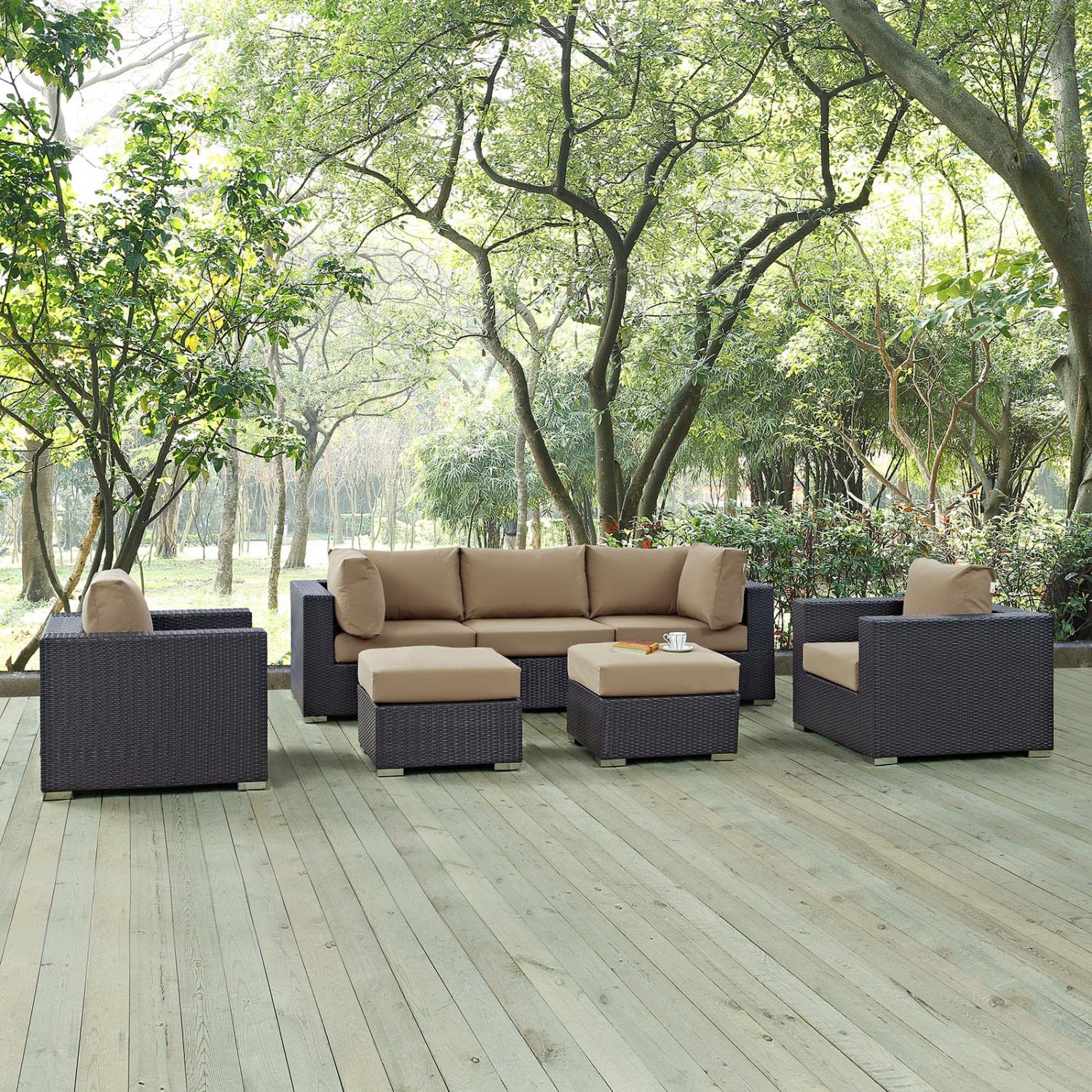 kitchen and dining room sets | CasaFoyer Convene Outdoor Sectional Set | Synthetic Rattan | Aluminum Frame | All-Weather Cushions | Patio Sofa, Armless Chair, Corner, Ottoman | Espresso Mocha | casafoyer.myshopify.com