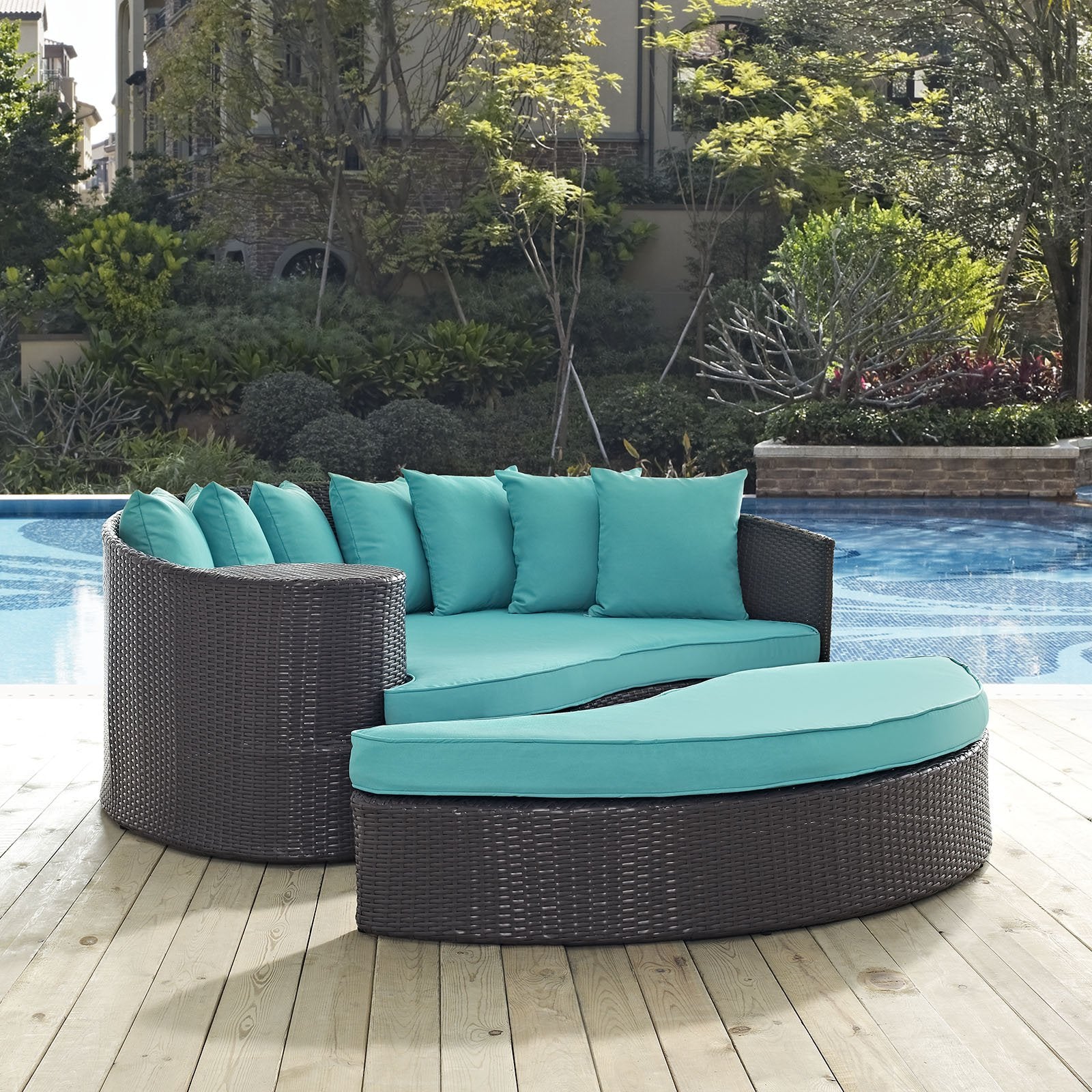 sofas | CasaFoyer Convene Outdoor Sectional | Adjustable Patio Daybed with Ottoman | Weather-Resistant Cushions | Espresso Turquoise | casafoyer.myshopify.com