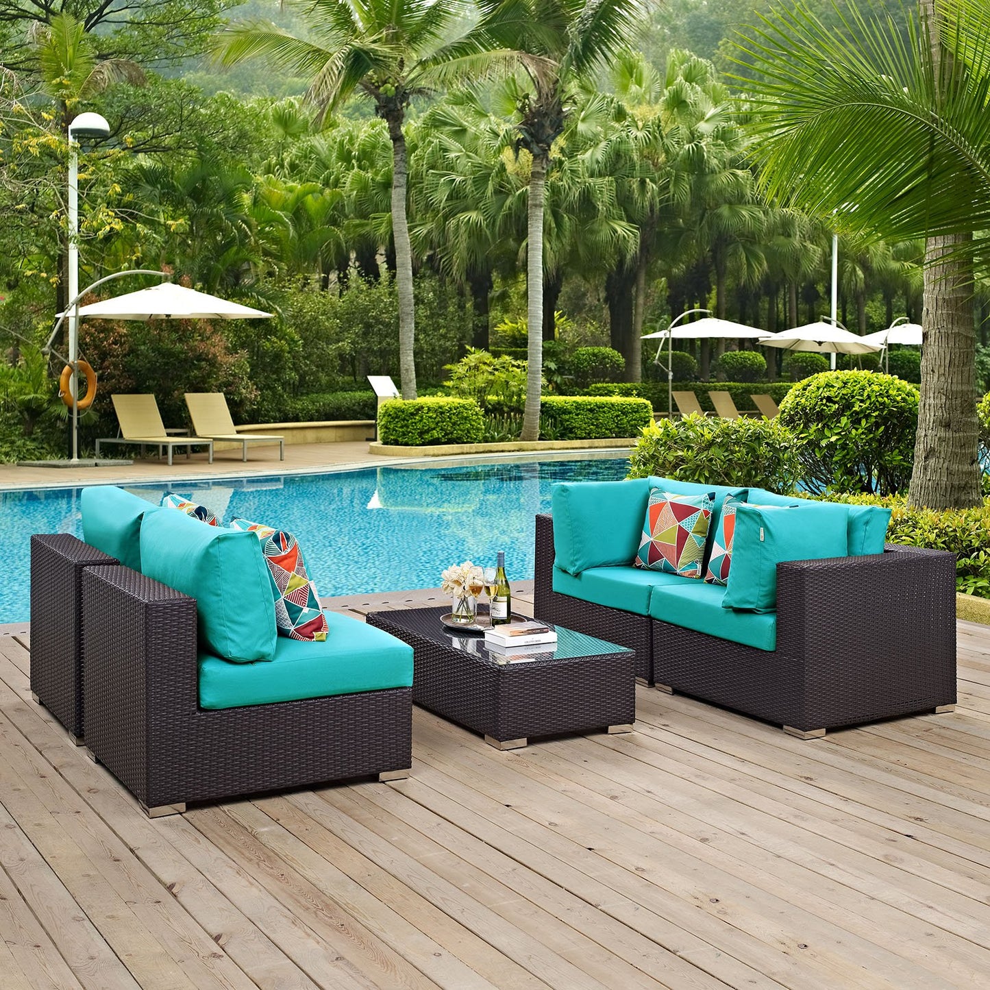 kitchen and dining room sets | CasaFoyer Convene Outdoor Sectional Set | Durable Rattan & Aluminum Frame | Weather-Resistant Cushions | Patio Sofa Set with Coffee Table | Espresso Turquoise | casafoyer.myshopify.com