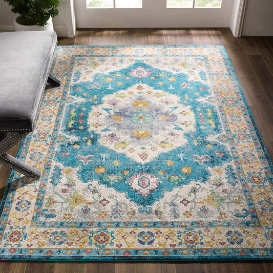 area rugs | Anisah Distressed Vintage Persian Medallion Area Rug | Durable, Soft, Stain-Resistant | Perfect for Living Room, Bedroom, Entryway | 5x8 | Blue, Ivory, Yellow, Orange | casafoyer.myshopify.com