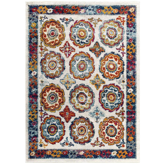 Carpet & Rugs | CasaFoyer Entourage Odile Distressed Vintage Floral Moroccan Trellis Area Rug | Durable Frise Polypropylene | Rubber Bottom | Stain Resistant | Easy to Maintain | 5x8 | Ivory, Blue, Red, Orange, Yellow | casafoyer.myshopify.com