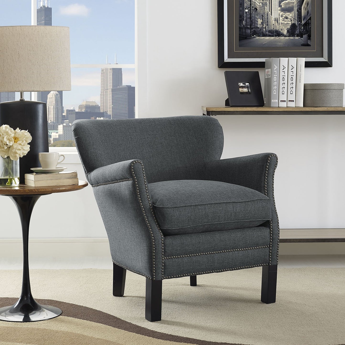 home office desk chairs | CasaFoyer Key Armchair: Luxurious Seating Experience | Comfort & Style | Elegant Curves | Dense Foam Padding | Ornamental Nailhead Trim | Polyester Upholstery | Black Stained Wood Legs | Versatile Design | Perfect for Any Space | casafoyer.myshopify.com