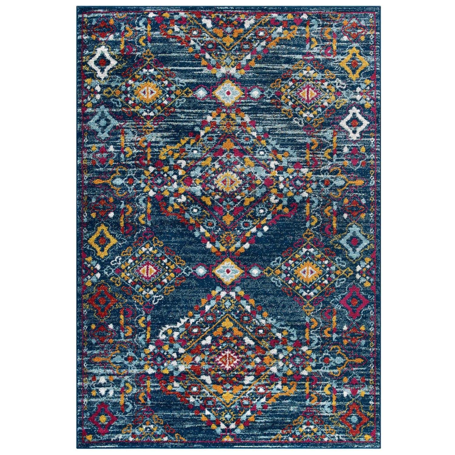 Carpet & Rugs | CasaFoyer Khalida Distressed Vintage Floral Lattice Area Rug | 5x8 | Blue/Orange/Yellow/Red | Durable Frise Polypropylene | Stain Resistant | Easy to Maintain | casafoyer.myshopify.com