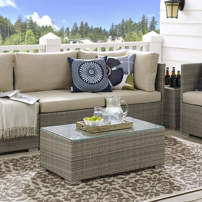 coffee tables | Ergode Repose Outdoor Patio Coffee Table | Tan/Gray Synthetic Rattan Weave | UV Protected | Tempered Glass Top | Non-Marking Foot Pads | Sturdy Aluminum Frame | casafoyer.myshopify.com