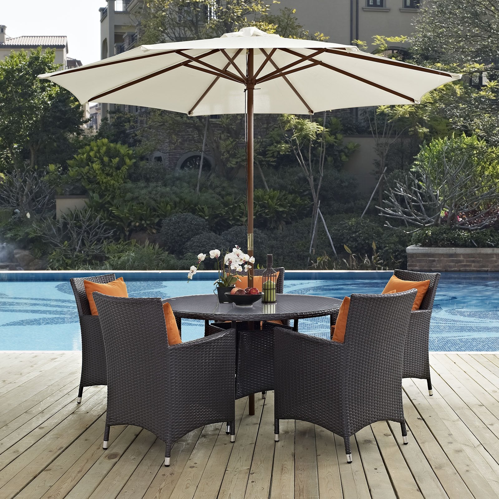 kitchen and dining room sets | CasaFoyer Convene Outdoor Sectional Series | Weather-Resistant Patio Dining Set with Umbrella | 5 Armchairs, 106 Umbrella, 47 Round Table | casafoyer.myshopify.com
