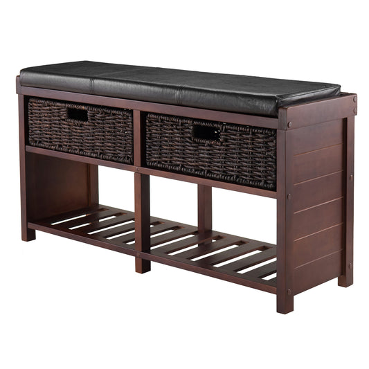 BENCH | Ergode Colin Bench | Versatile & Stylish | Dark Faux Leather Cushion | 2 Corn Husk Baskets | Slated Shelf | Ample Comfort | Chocolate Brown | Sturdy Wood | Cappuccino Finish | casafoyer.myshopify.com