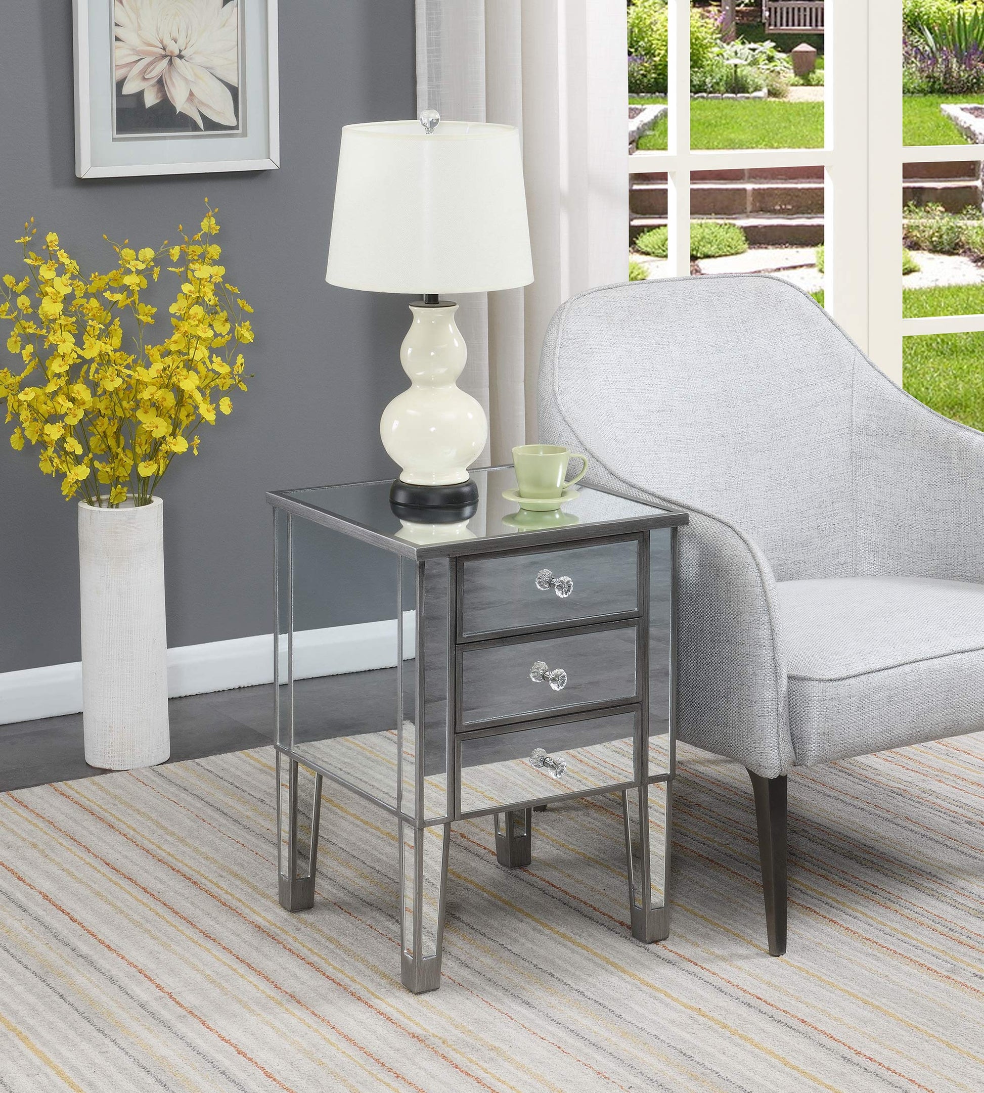 TABLE | Ergode Gold Coast Mirrored 3 Drawer End Table | Elegant Glam Style | Ample Storage Space | Faux Crystal Knobs | MDF Construction | Easy Upkeep | Solid Fir Wood Legs | casafoyer.myshopify.com