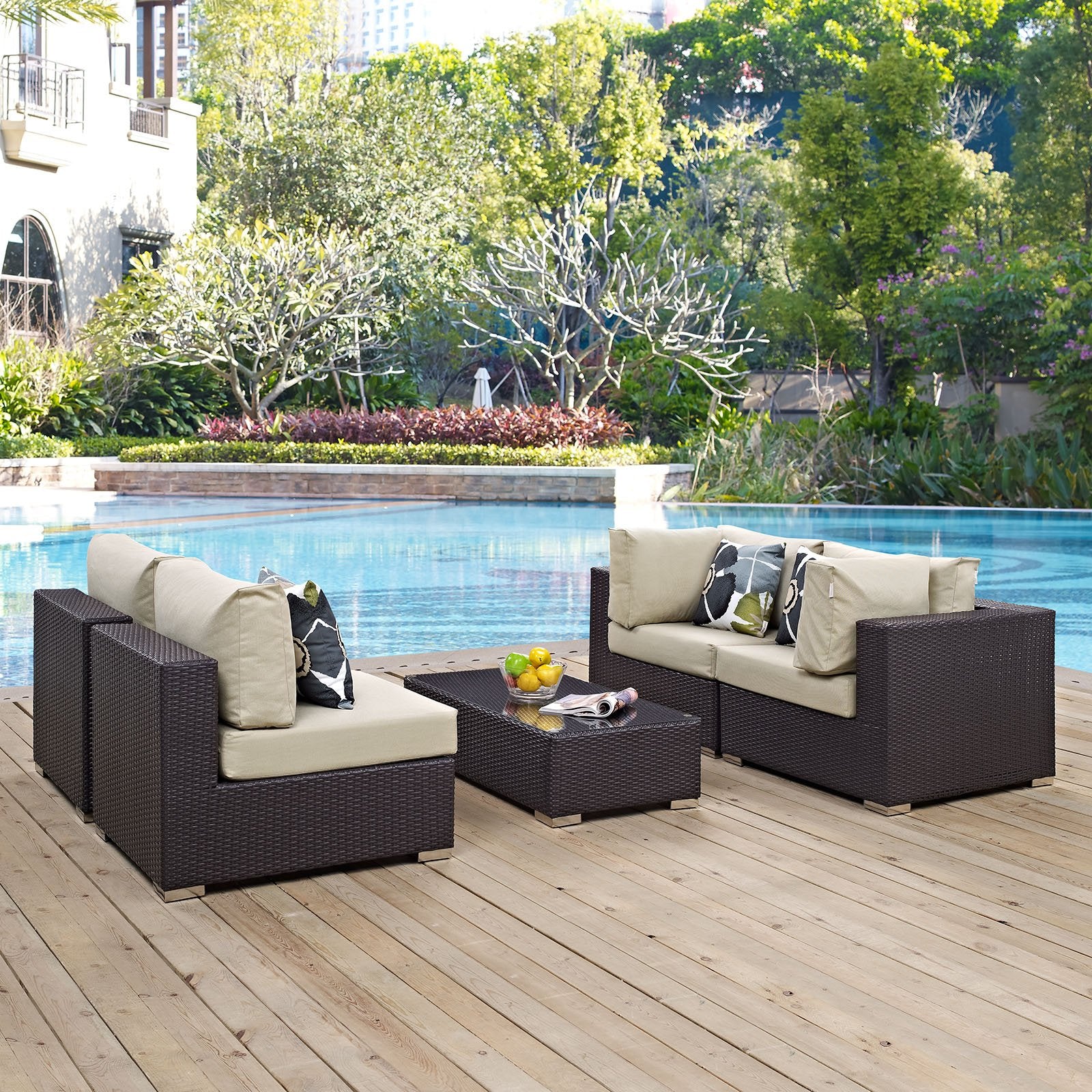 kitchen and dining room sets | CasaFoyer Convene Outdoor Sectional Set | Durable Rattan Weave | Weather-Resistant Cushions | 5 Piece Patio Sofa Set | Espresso Beige | casafoyer.myshopify.com