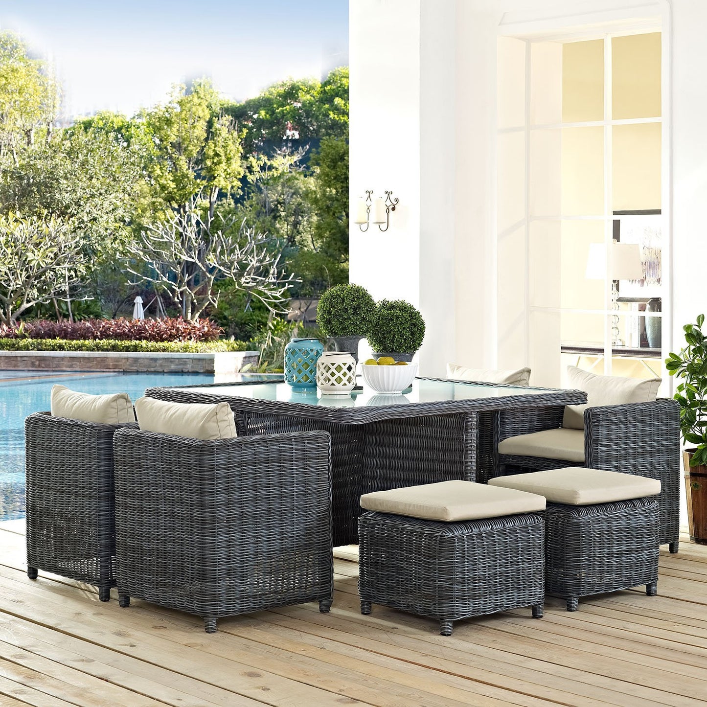 Patio Furniture Sets | Summon Outdoor Patio Furniture Dining Set | Luxurious 9 Piece | Sunbrella Fabric | Synthetic Rattan Weave | All-Weather Cushions | Powder-Coated Aluminum Frame | casafoyer.myshopify.com