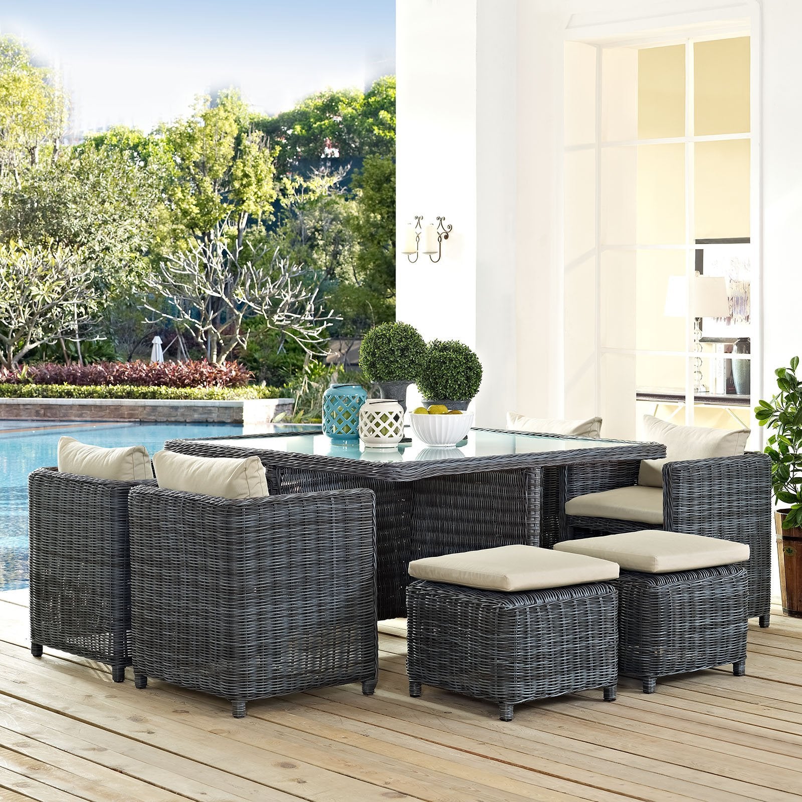 Patio Furniture Sets | Summon Outdoor Patio Furniture Dining Set | Luxurious 9 Piece | Sunbrella Fabric | Synthetic Rattan Weave | All-Weather Cushions | Powder-Coated Aluminum Frame | casafoyer.myshopify.com