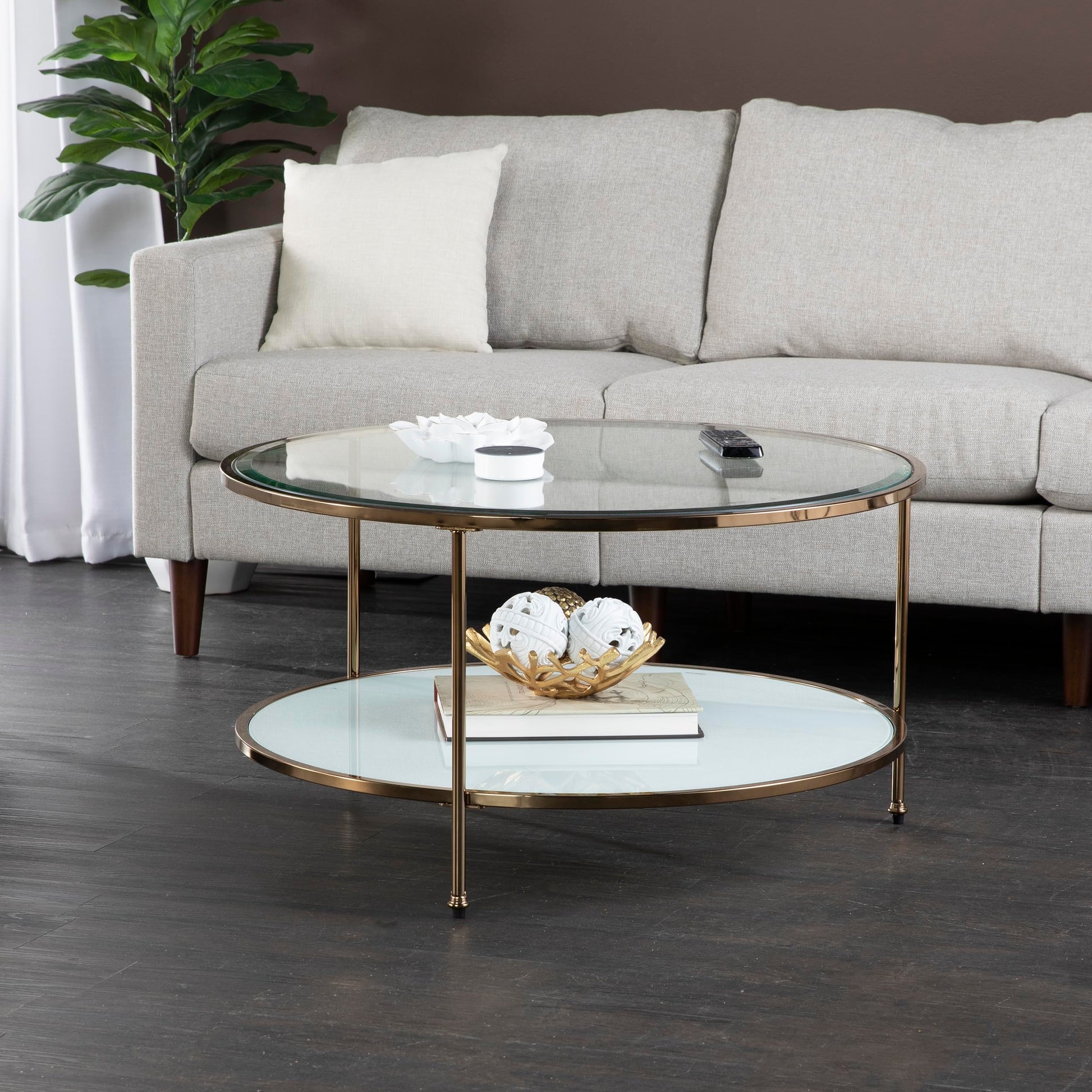 Overbed Desk | Sophisticated Gold & Glass Cocktail Table | Modern Design | Metallic Frame | Beveled Glass Top & Shelf | Tripod Shape | 1920s Inspired Glamour | Ideal for Living Room, Den, or Home Office | casafoyer.myshopify.com