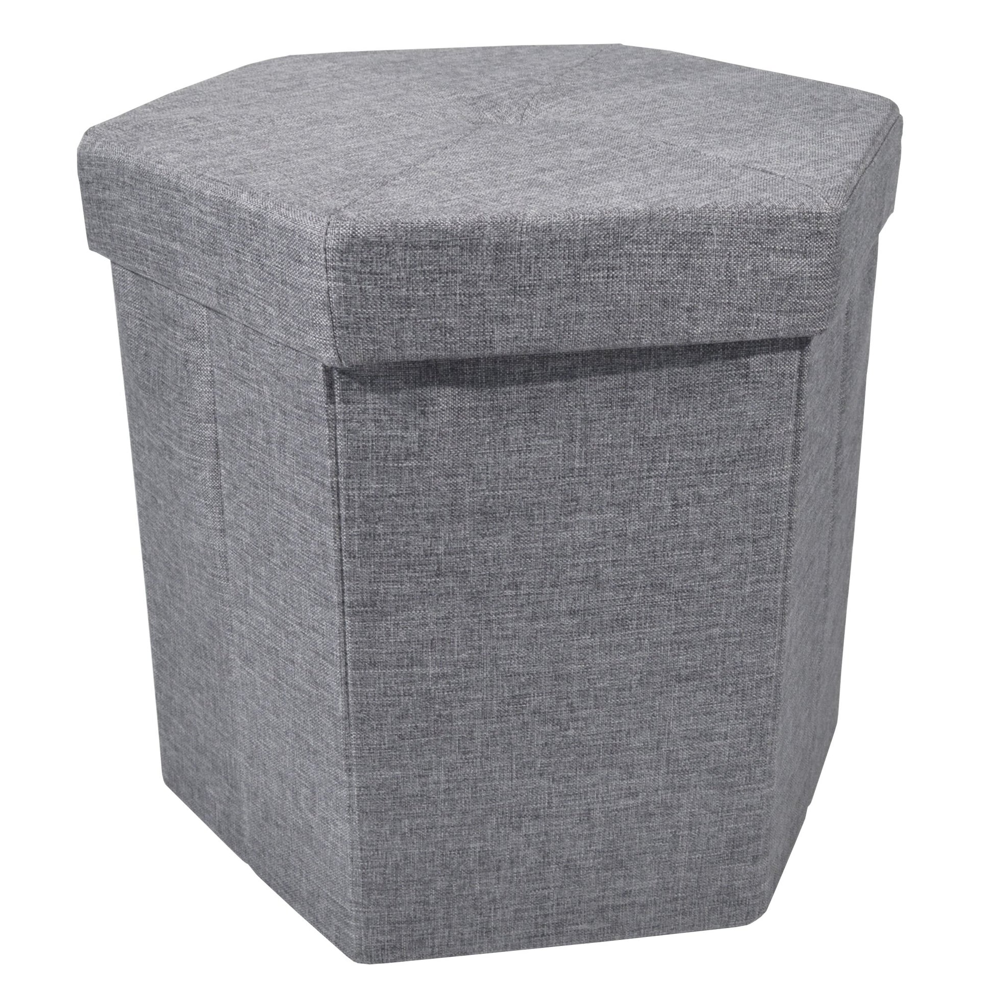 Ottoman | CasaFoyer Collapsible Hexagon Storage Ottoman - Grey Linen | Versatile & Comfortable | Ample Storage | Easy to Collapse & Store | Tufted & Stitched Top | 15x15 | 500 lbs Weight Limit | casafoyer.myshopify.com