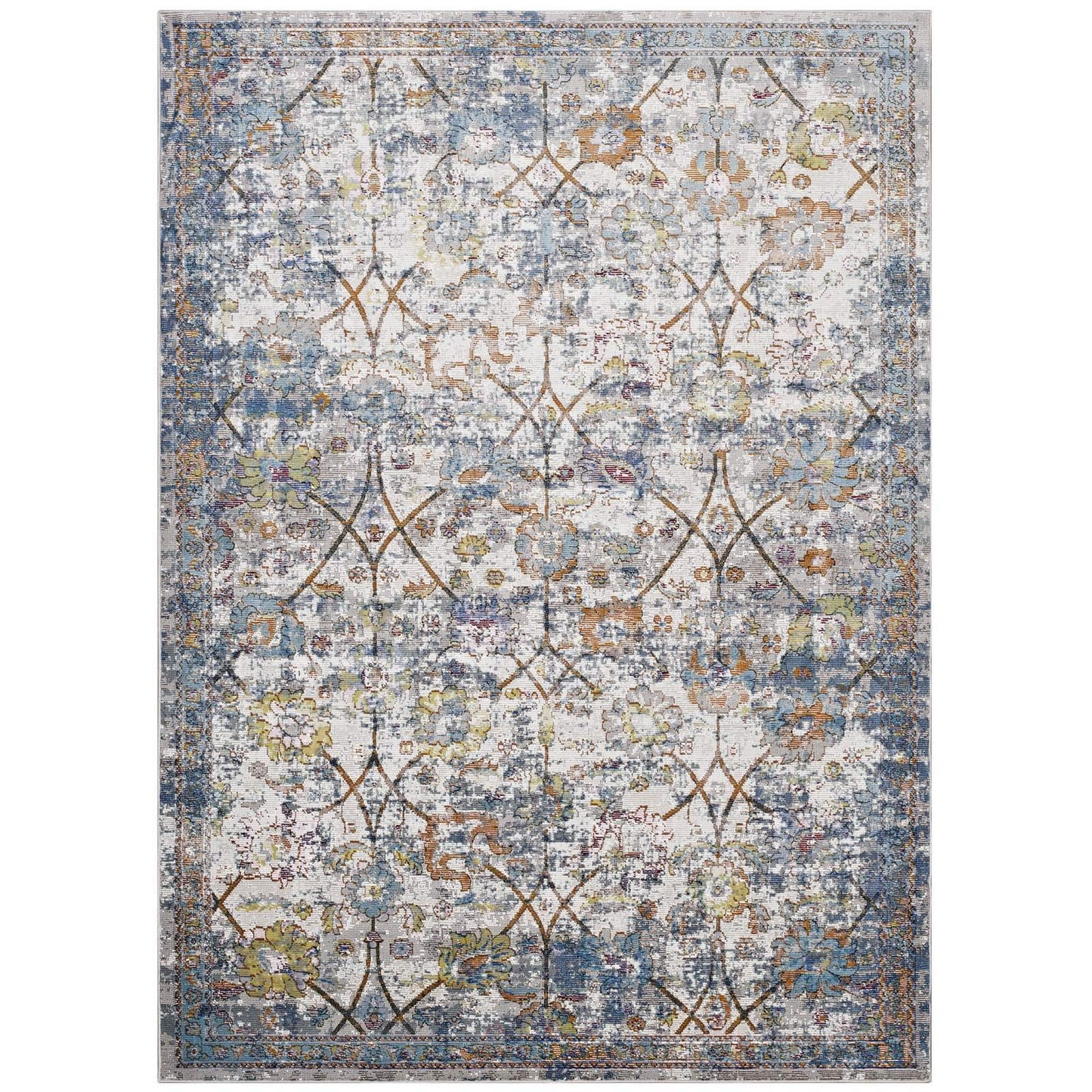 Carpet & Rugs | CasaFoyer Minu Distressed Floral Lattice Area Rug | Durable Polypropylene | Rubber Backing | Non-Shedding | Stain-Resistant | 8x10 | Light Blue, Yellow, Orange | casafoyer.myshopify.com