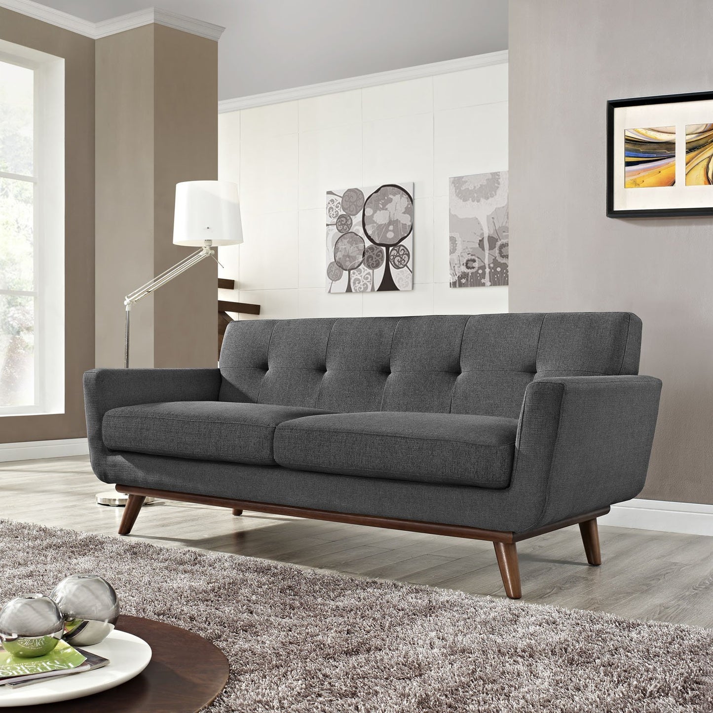 sofas | CasaFoyer Engage Loveseat | Gently Curved | Dual Cushions | Tufted Buttons | Cherry Legs | Gray | casafoyer.myshopify.com
