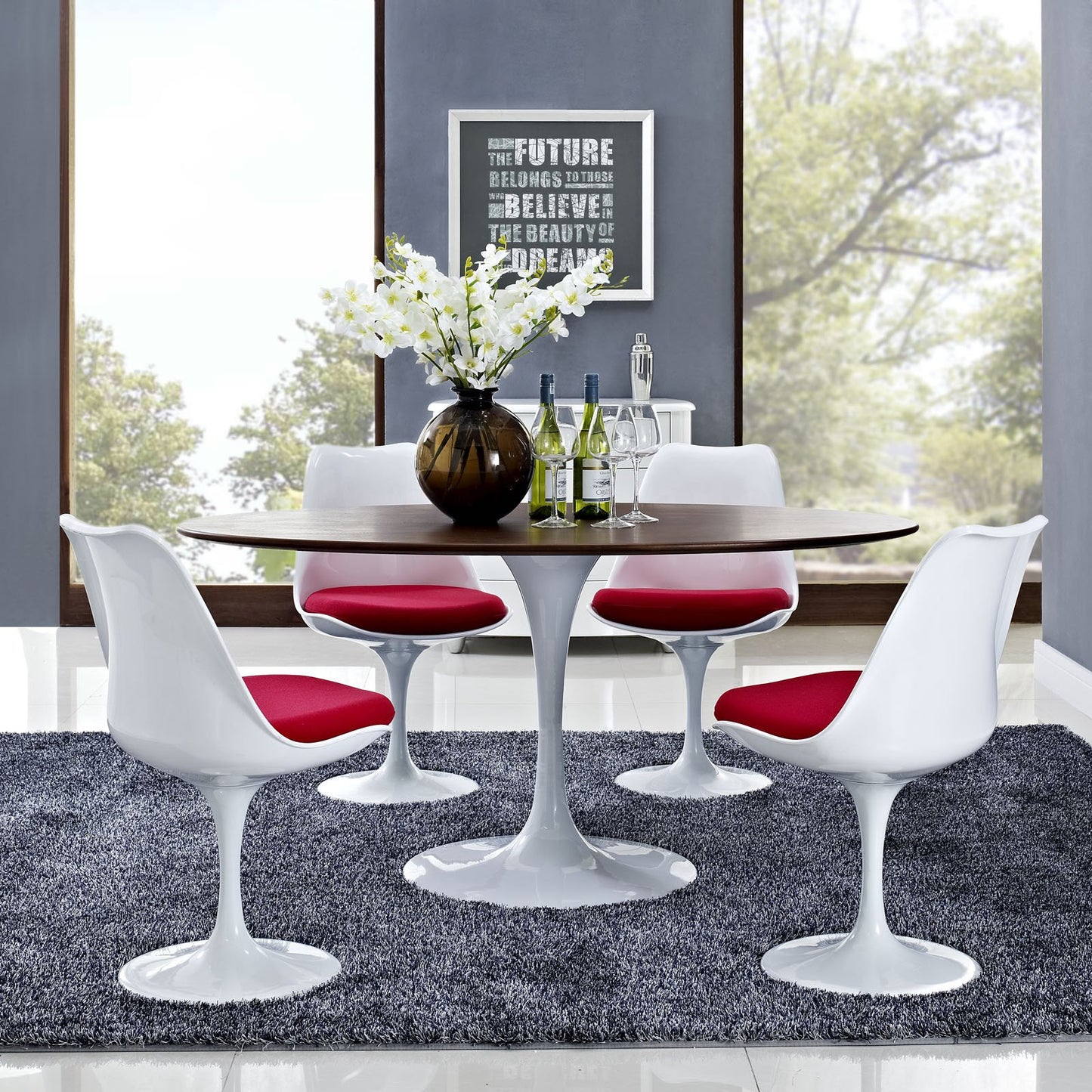 Dining Table | Lippa 60 Oval Walnut Dining Table | Timeless Modern Design | Walnut Veneer Top | Tapered Metal Base | Chip-Resistant Finish | casafoyer.myshopify.com