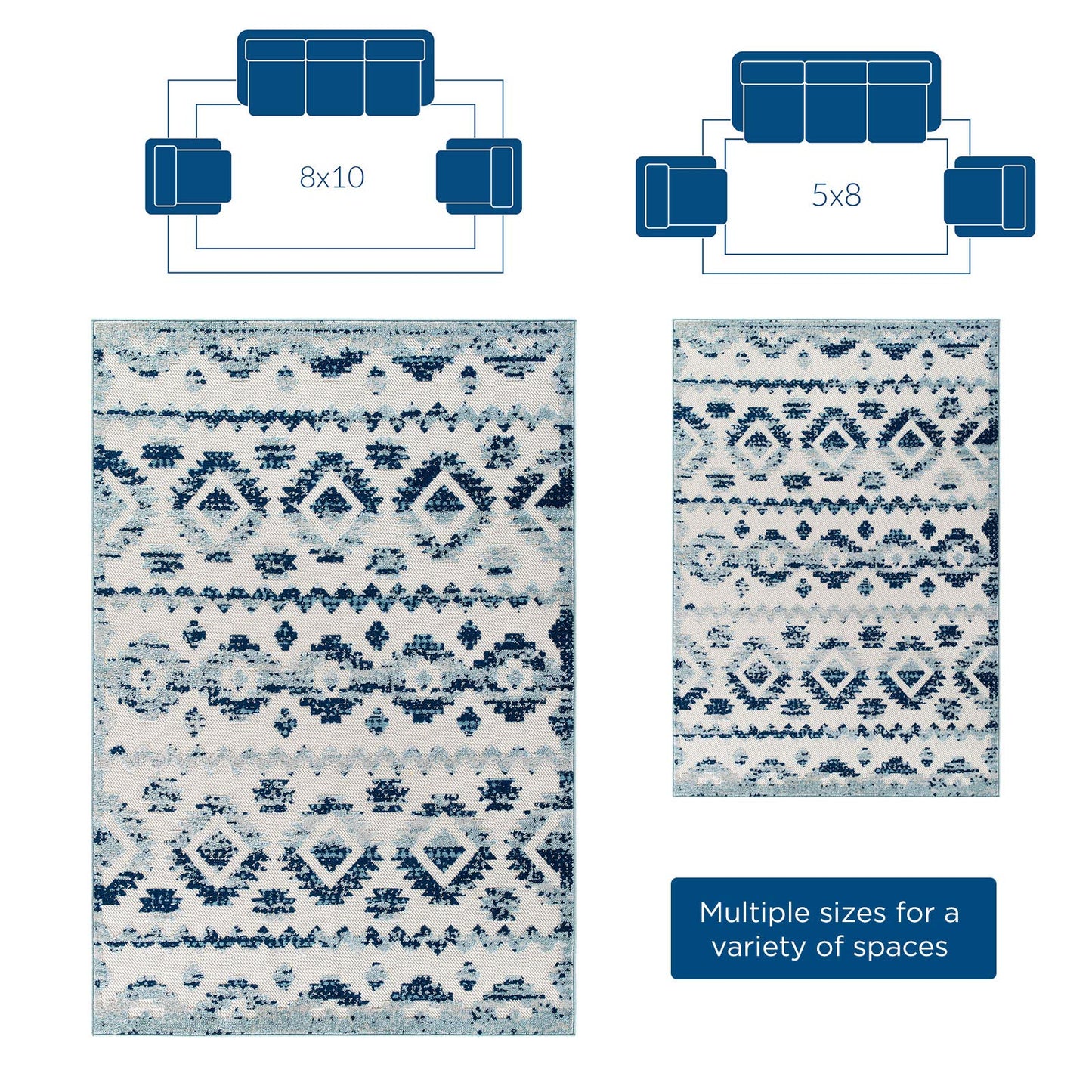 area rugs | CasaFoyer Reflect Takara Distressed Contemporary Abstract Diamond Moroccan Trellis Indoor/Outdoor Area Rug | 8x10 | Ivory/Blue | casafoyer.myshopify.com