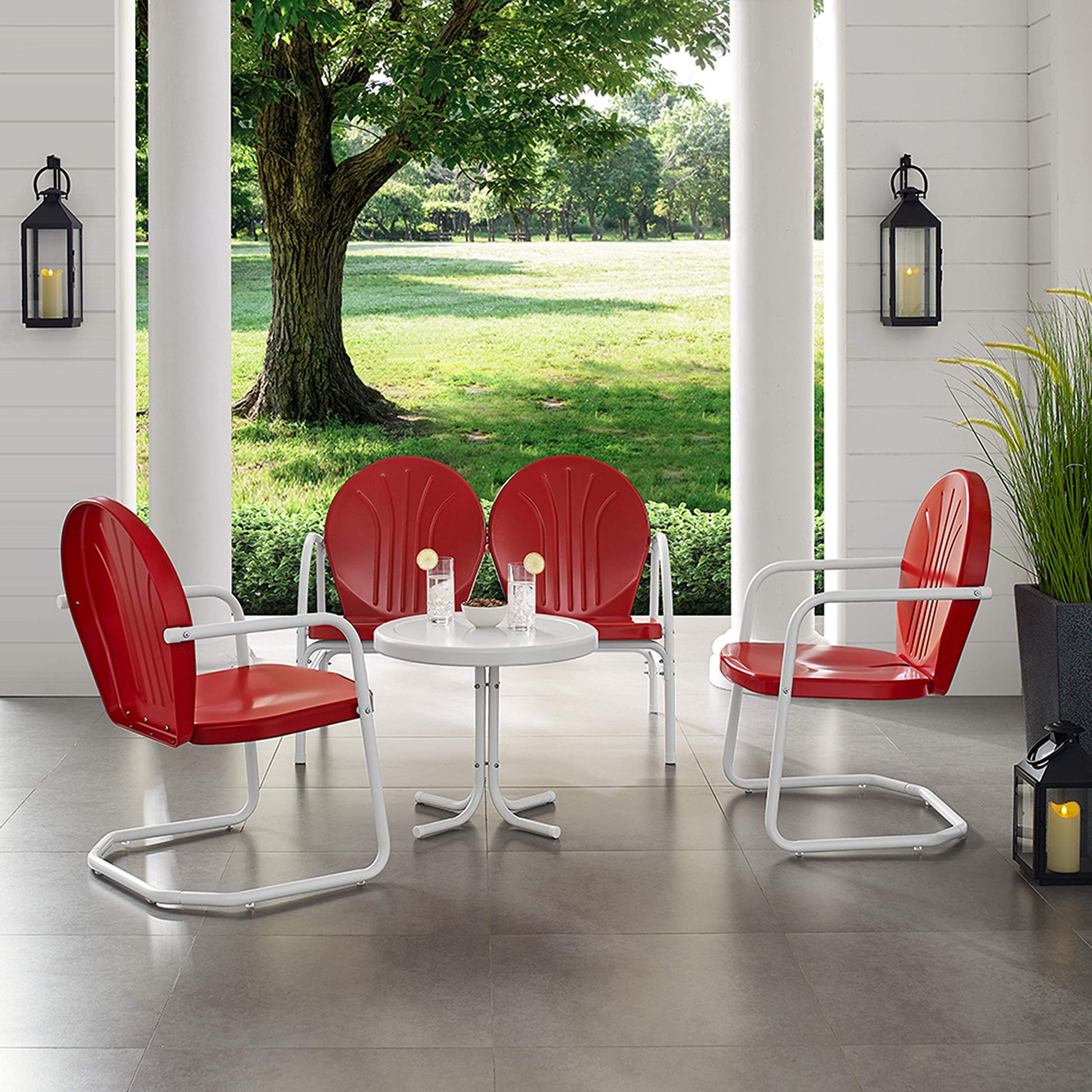 Patio Furniture Sets | Griffith Metal Outdoor Furniture Collection | Nostalgic Relaxation | Loveseat, 2 Chairs & Side Table | Red & White Finish | casafoyer.myshopify.com